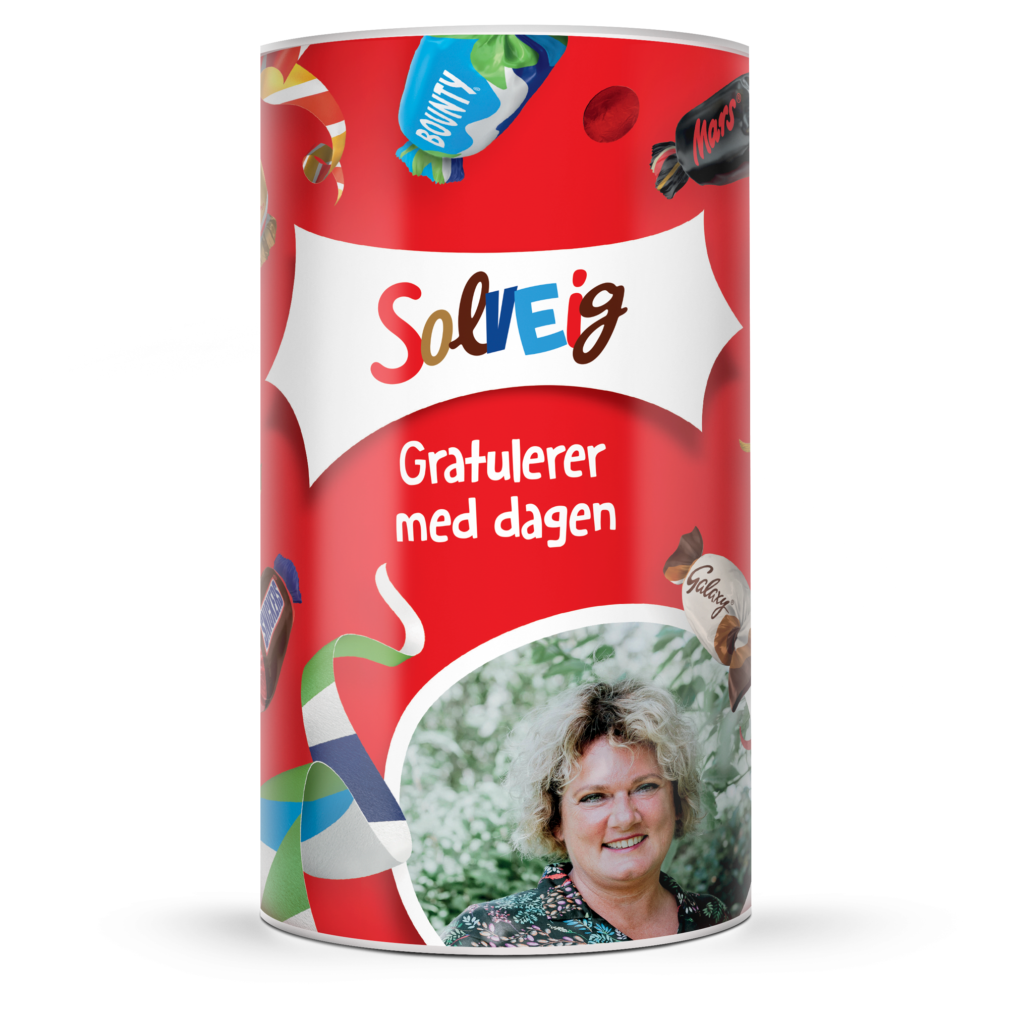 Personlig Celebrations rør trykket med bilde, navn Solveig og teksten Gratulerer med dagen