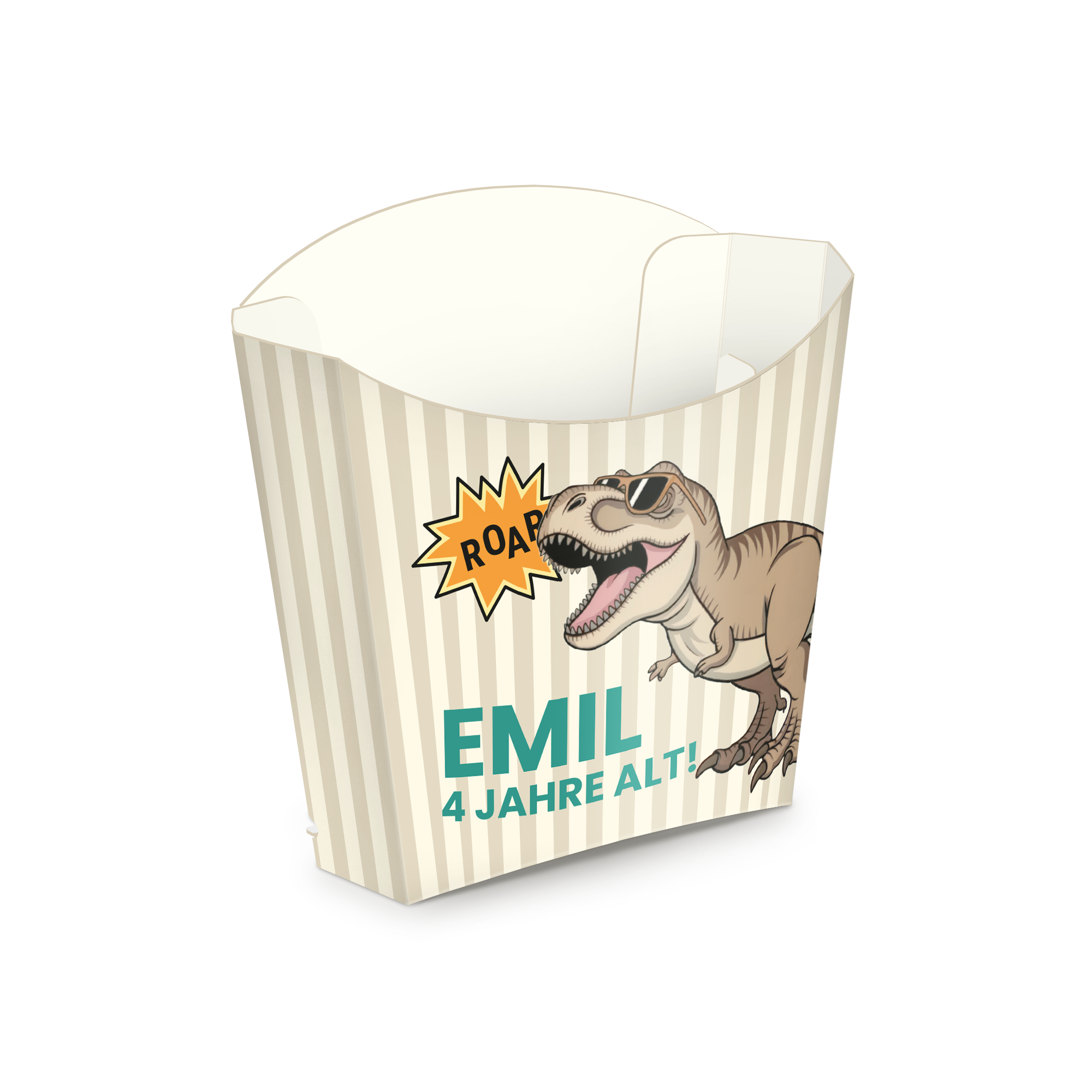 Personalisierte Snack-Schale, 8 Stück, bedruckt mit Dino-Motiv und dem Namen Emil, 4 Jahre alt.