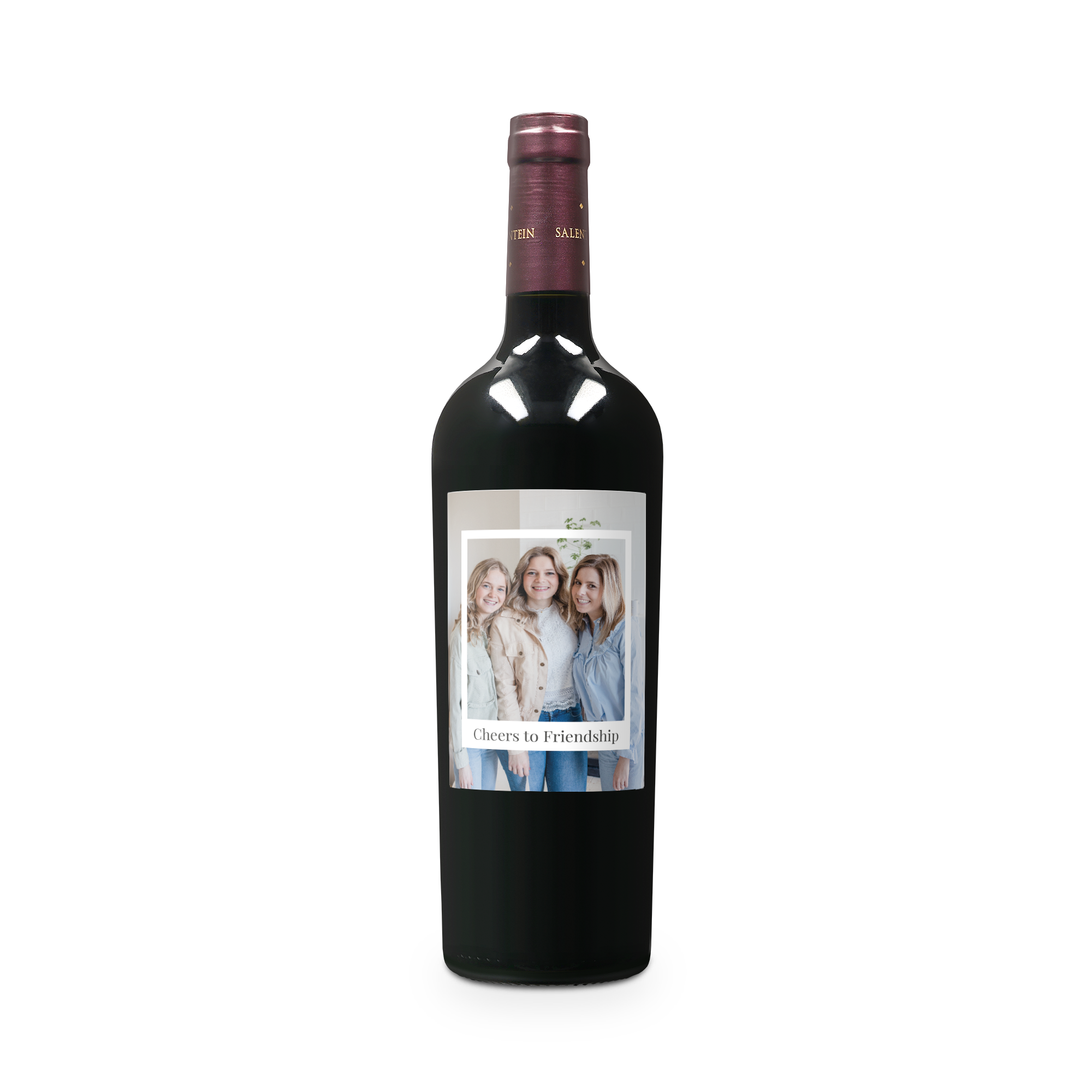 Regala una deliziosa bottiglia di vino Salentein Merlot personalizzata con una foto di tre amiche e la scritta Cheers to Friendship