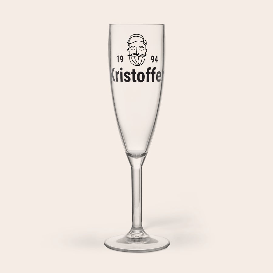 Champagneglas med tryk - Plast Champagneglas i plast med tryckt porträtt, namn Kristoffer och årtal 1994 för drinkar i det fria.