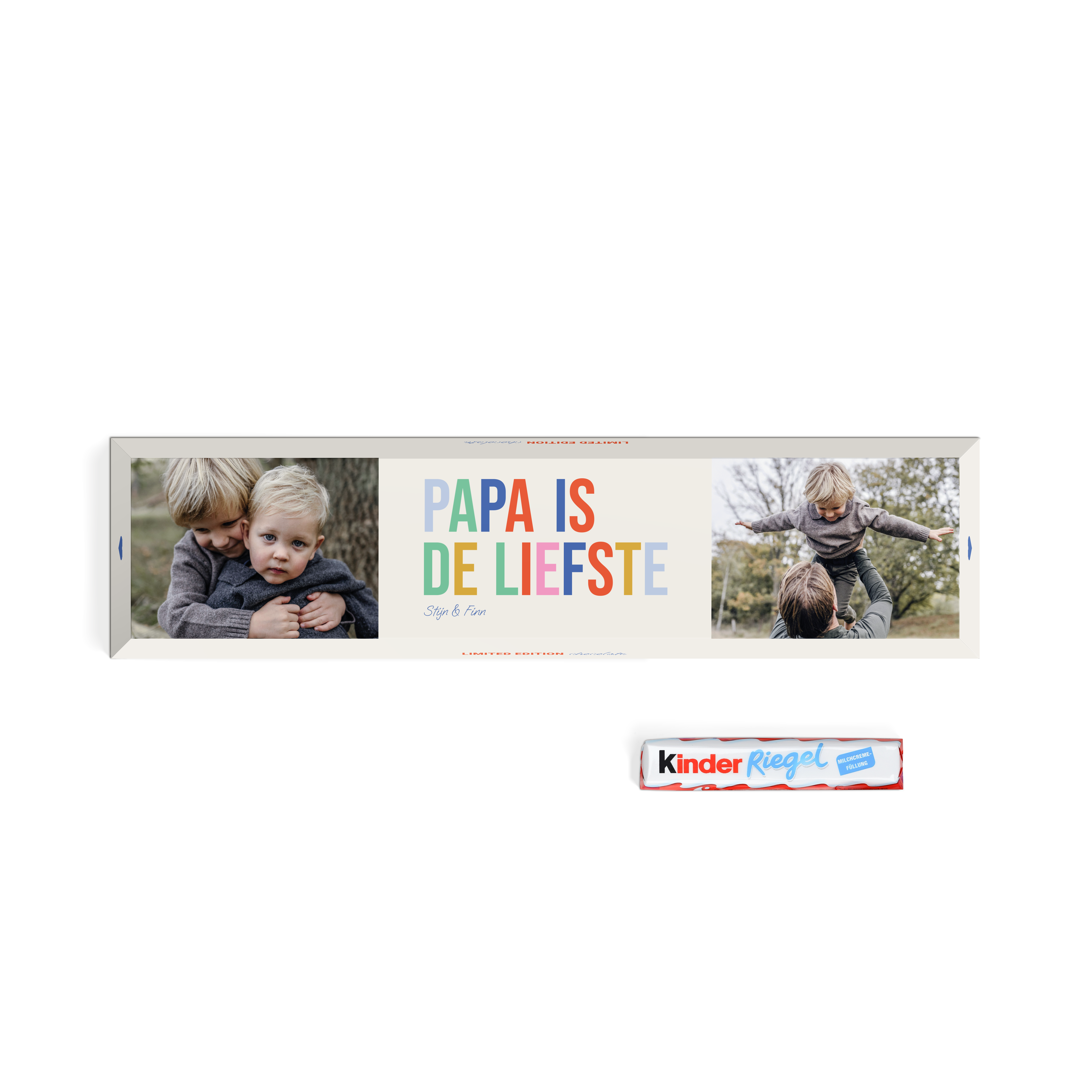 Gepersonaliseerde kinder chocolade xxl met naam en eigen foto, bedrukt met de tekst Papa is de liefste en namen Stijn & Finn.