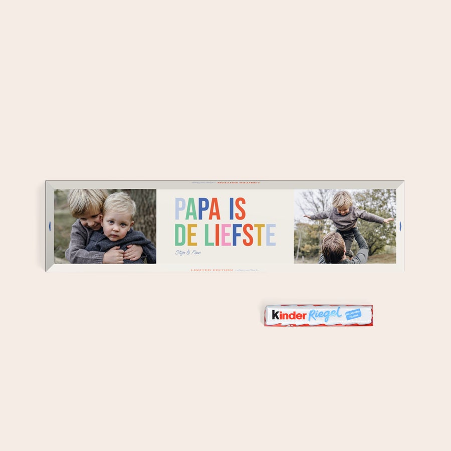 Mega kinder reep met naam Gepersonaliseerde kinder chocolade xxl met naam en eigen foto, bedrukt met de tekst Papa is de liefste en namen Stijn & Finn.