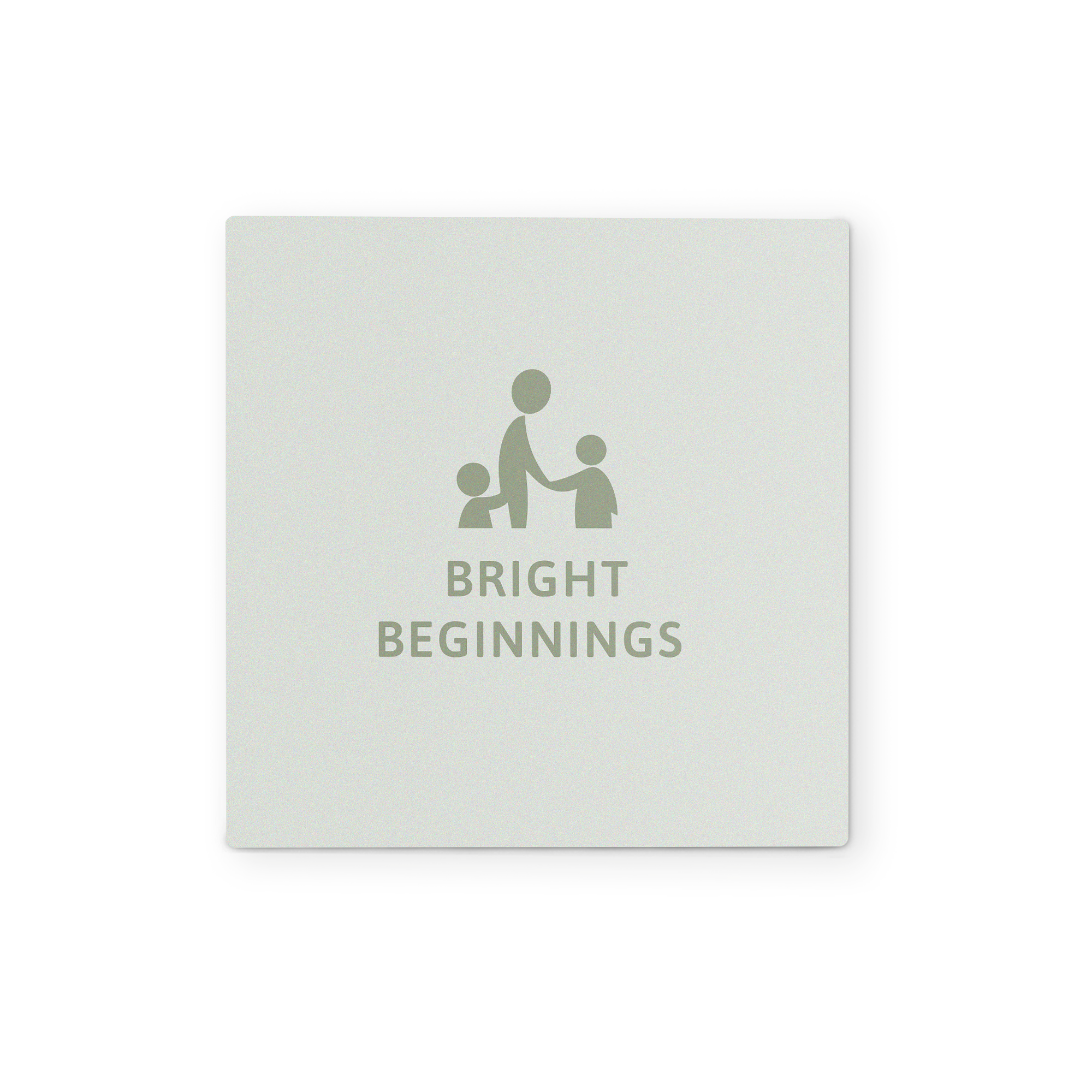 Square forex wall art panel with a custom design featuring three figures and the text "BRIGHT BEGINNINGS" printed on it.