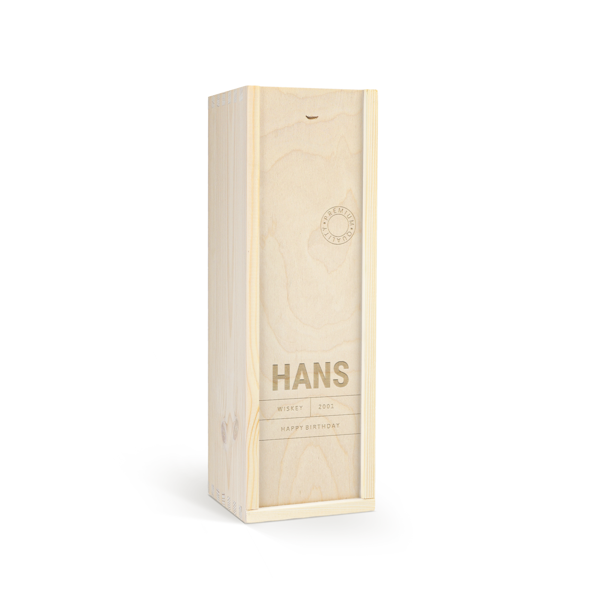 Houten gegraveerde kist met 'HANS', 'WISKEY 2002', 'HAPPY BIRTHDAY' voor een heerlijke fles whisky.