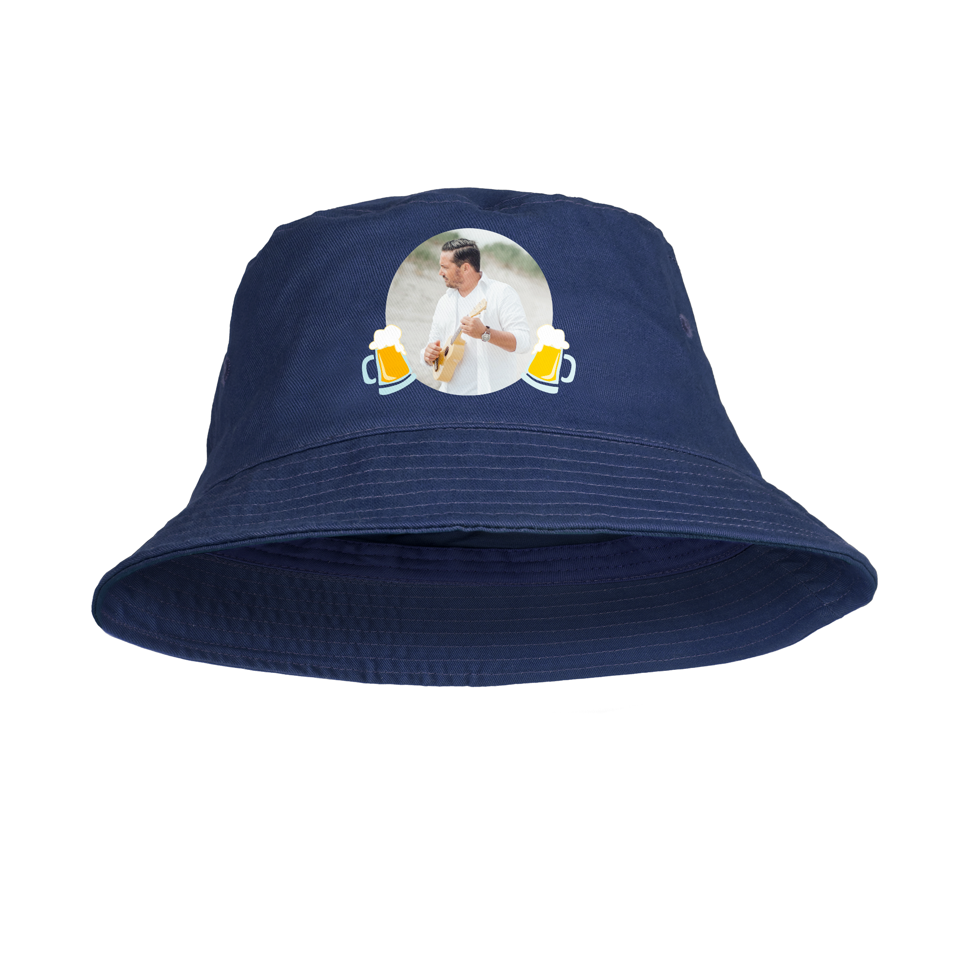 Navy blue personalized bucket hat printed with a man playing ukulele and two beer mugs