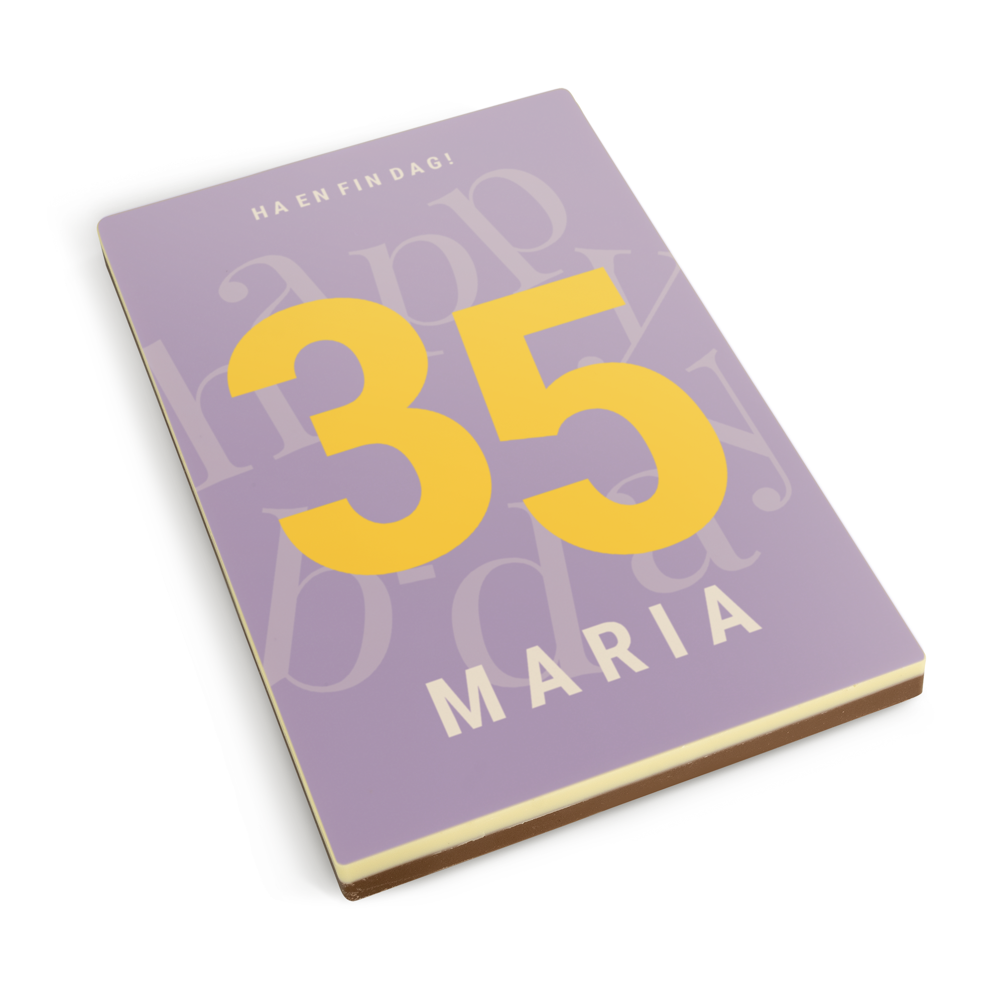 Personligt chokladbrev med lila design, siffran 35 och namnet Maria, skräddarsydd med tryck