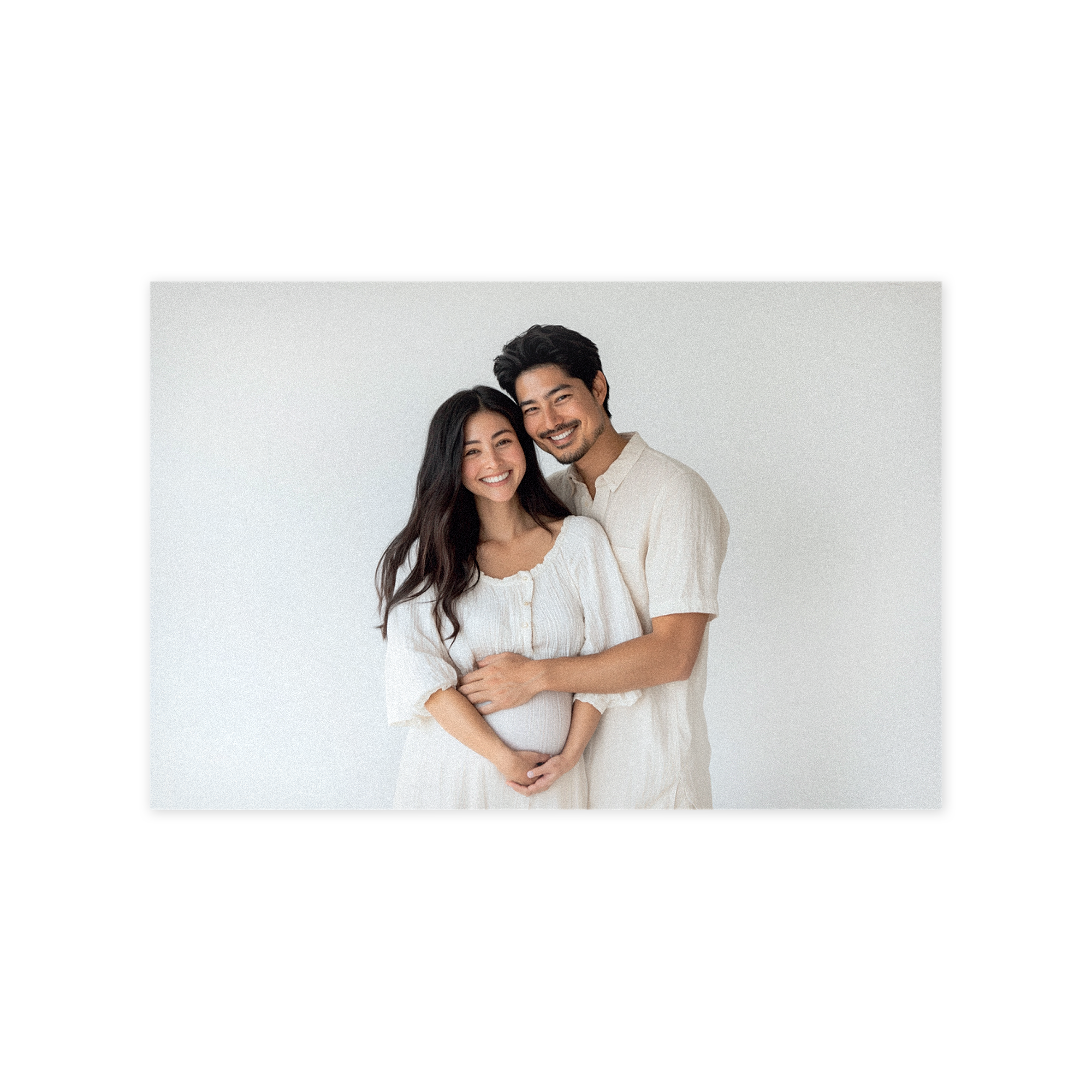 Custom photo on forex featuring a smiling couple. He stands behind her with his hand on her baby bump.