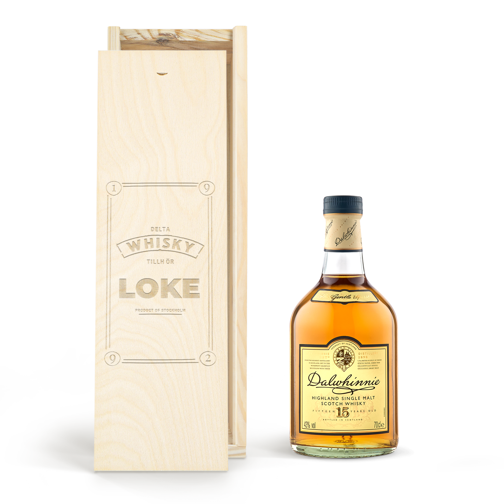 Highland Park 12 Years whisky i personlig träväska