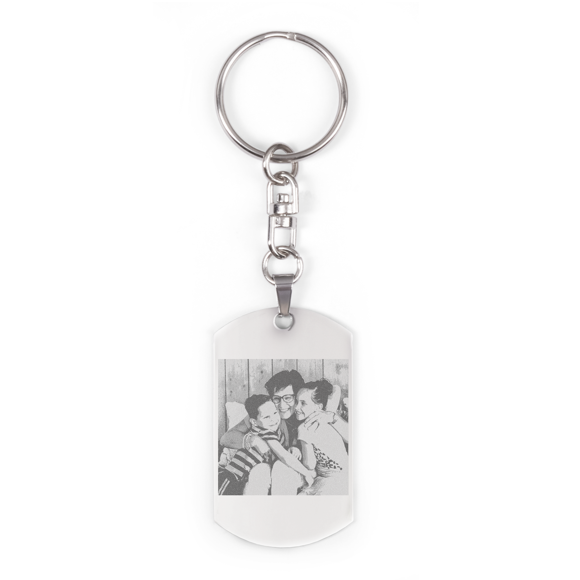Portachiavi inciso in acciaio lucido con foto di famiglia personalizzata.