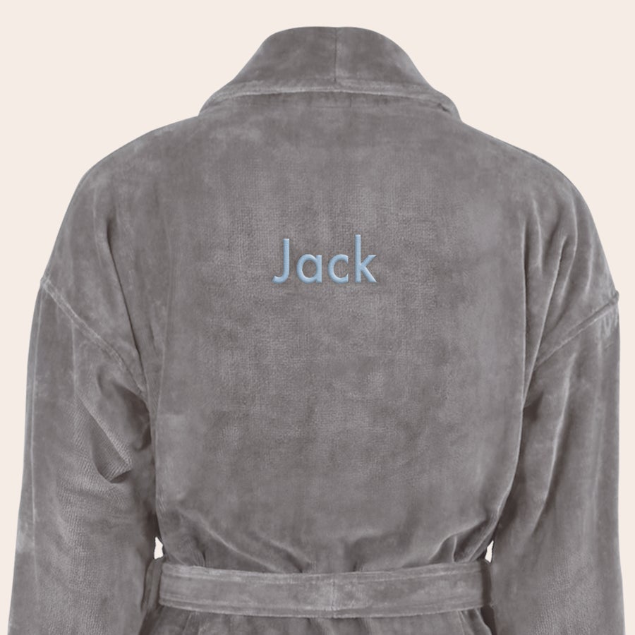 Albornoz - Hombre Albornoz gris para hombre con el nombre Jack bordado en azul, regalo original de cumpleaños.