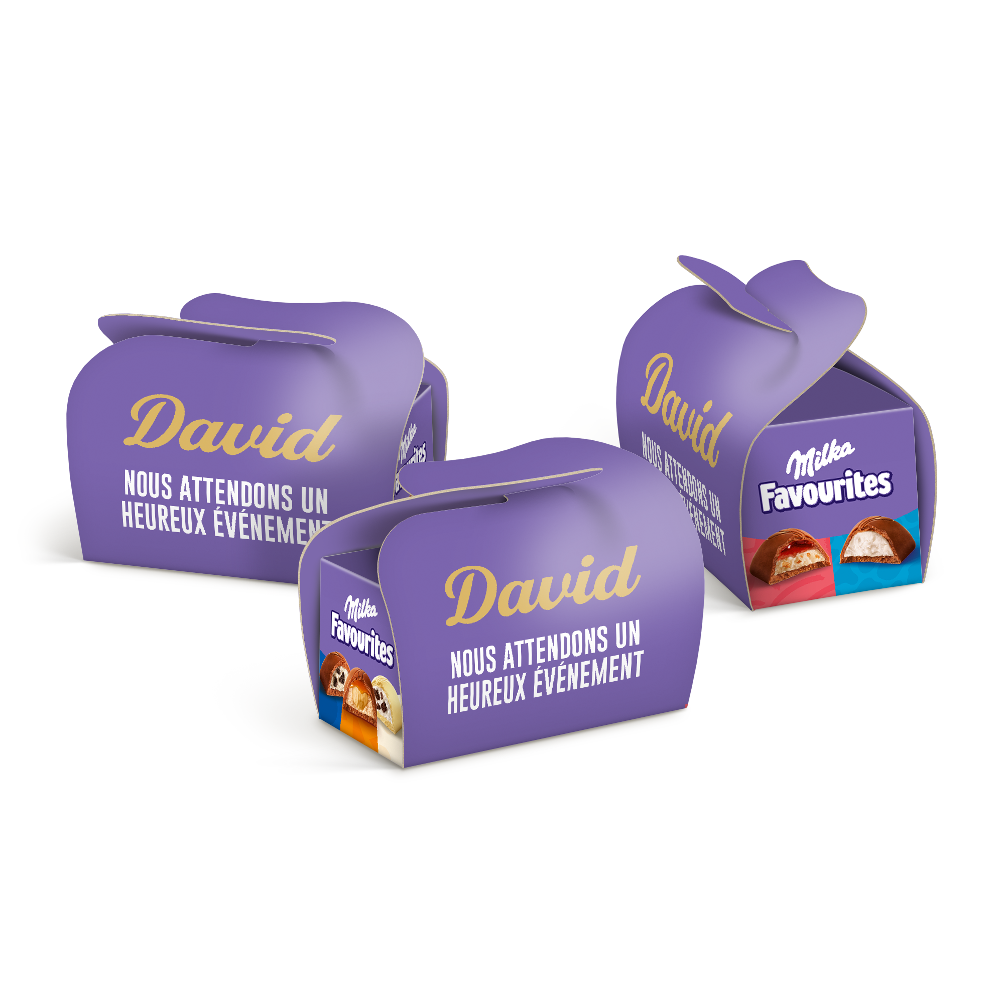 Boîtes Milka Favorites violettes personnalisées avec le prénom David imprimé et le texte Nous attendons un heureux événement, pour partager une touche de joie violette, spécialement conçue pour eux.