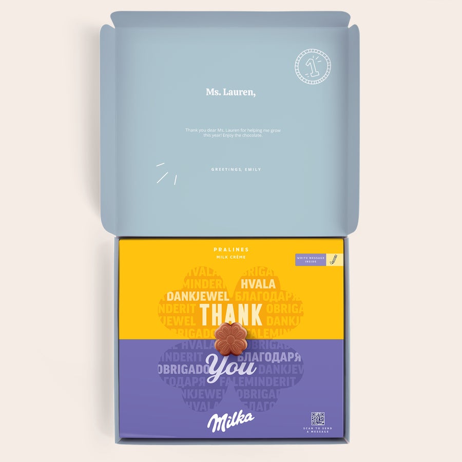 Pralinés de Milka Professor Caixa de presente Milka personalizada para professor com "Ms. Lauren" e uma mensagem especial, impressa em cores vibrantes.