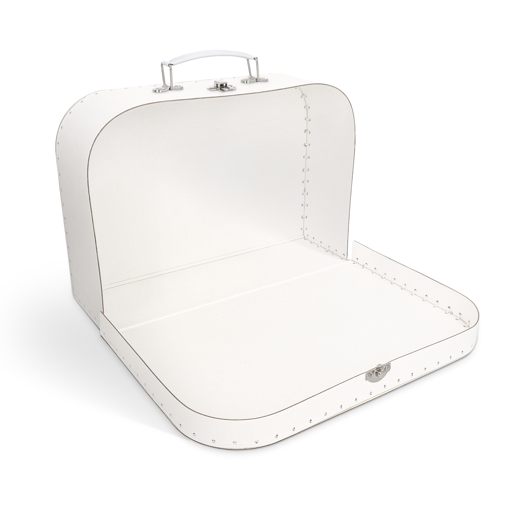 Open white cardboard toy suitcase for a childs bedroom with a metal handle and clasp
