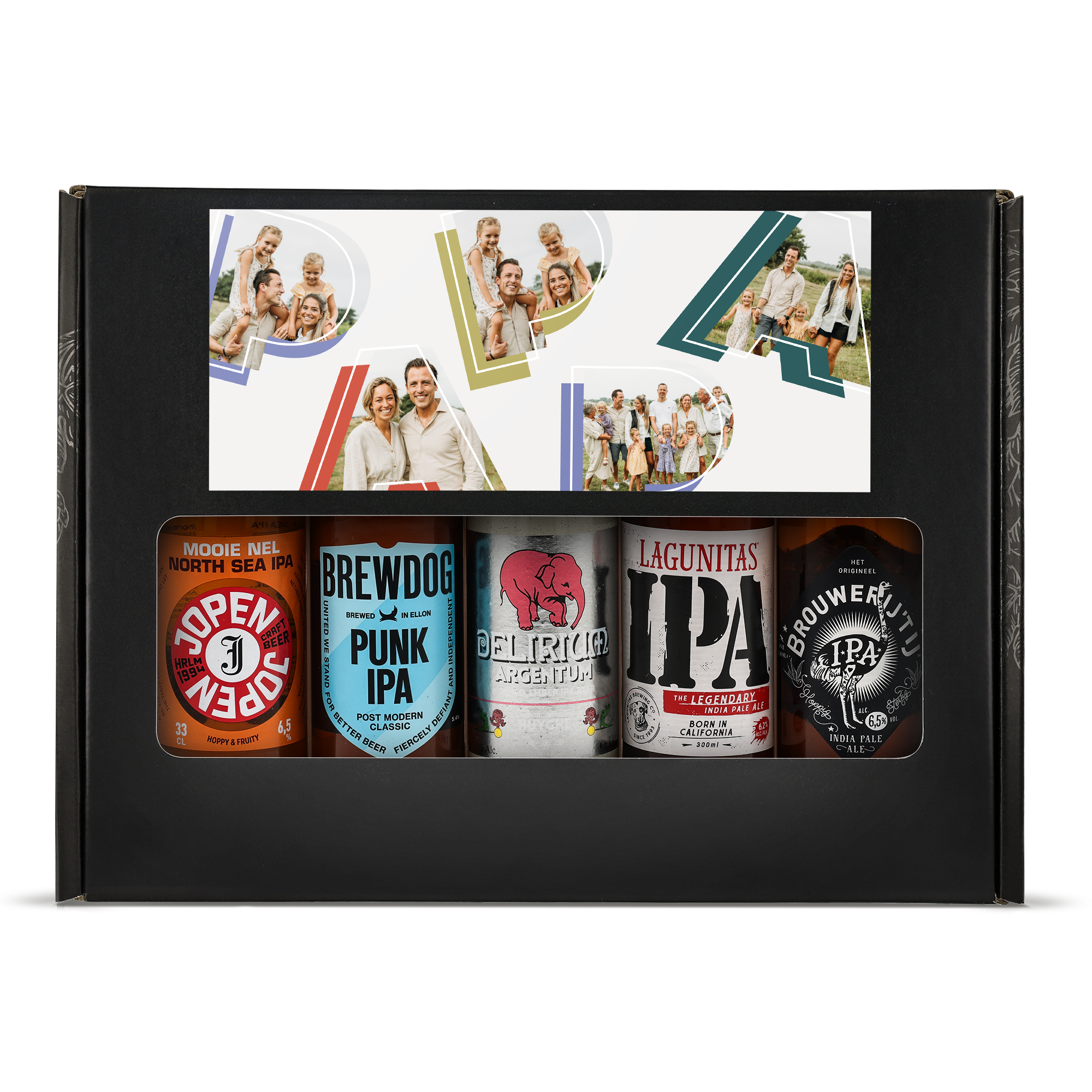 Ölpresentset - IPA med sex ölflaskor i en personlig låda, tryckt med familjebilder.