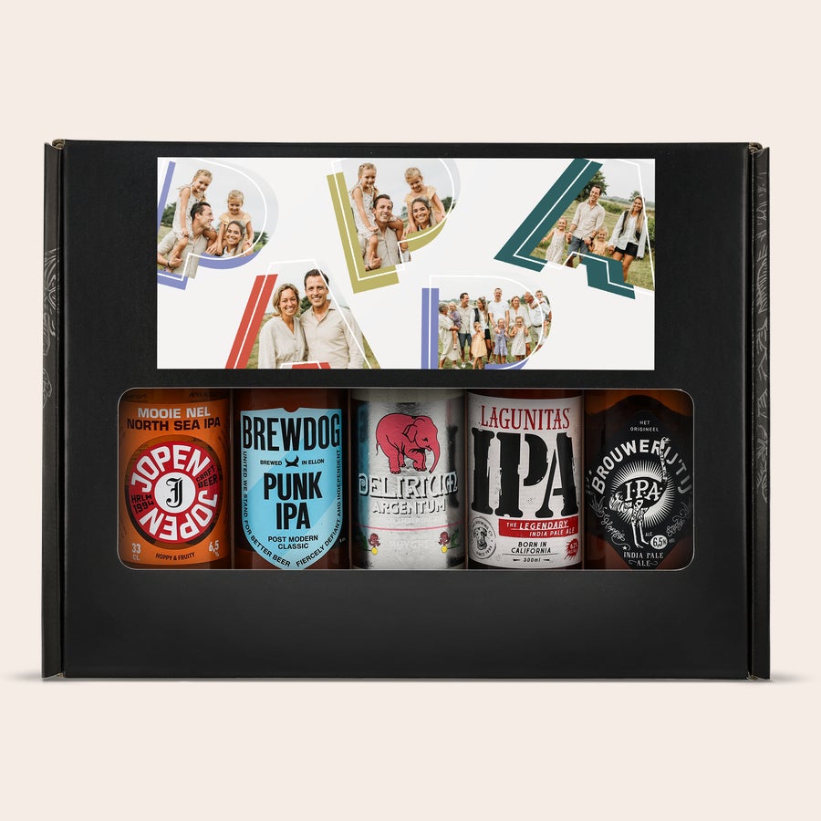 Personliga Öl presentset Ölpresentset - IPA med sex ölflaskor i en personlig låda, tryckt med familjebilder.