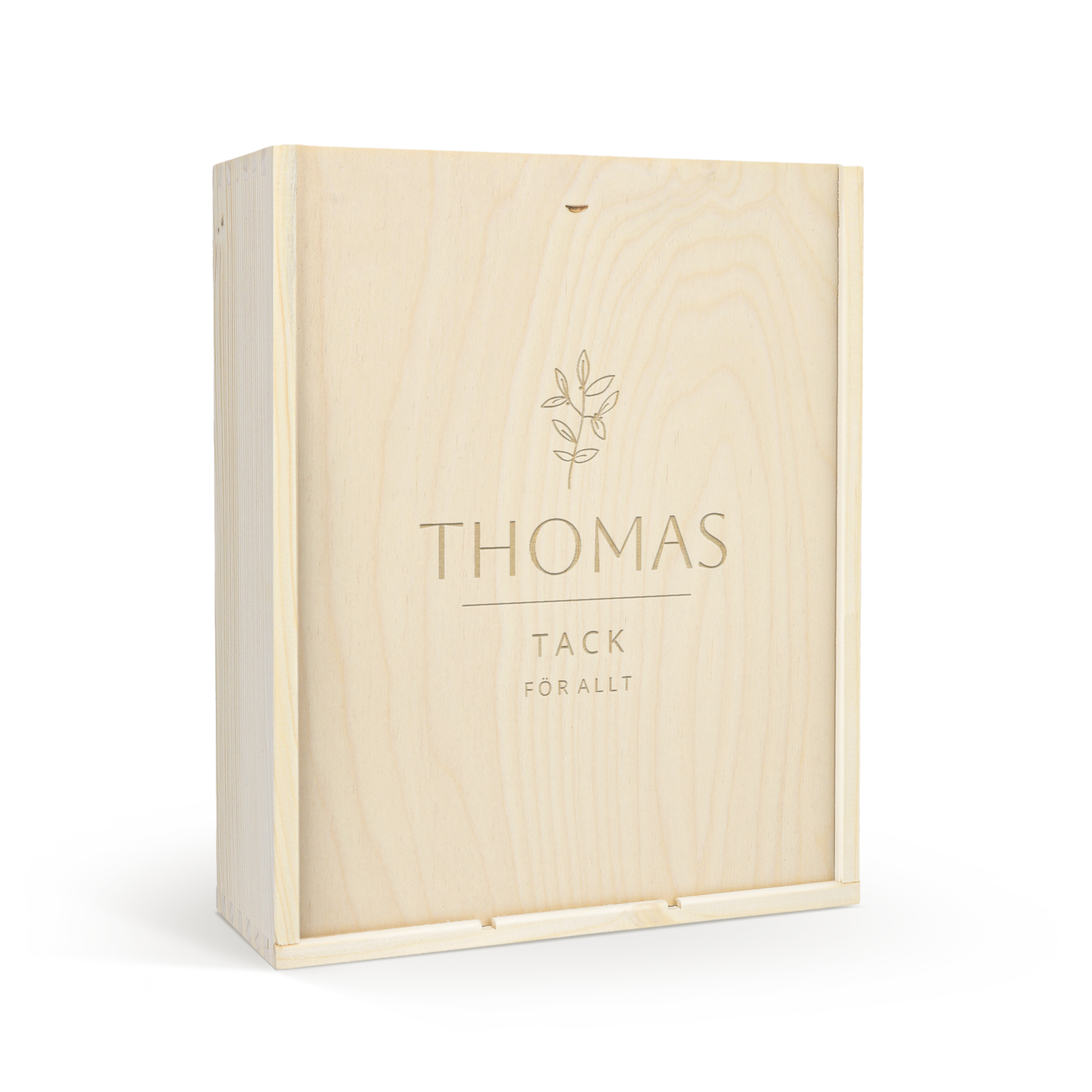 Graverad vinlåda i trä med en flaska Riondo Prosecco och texten THOMAS TACK FÖR ALLT för en personlig gåva.