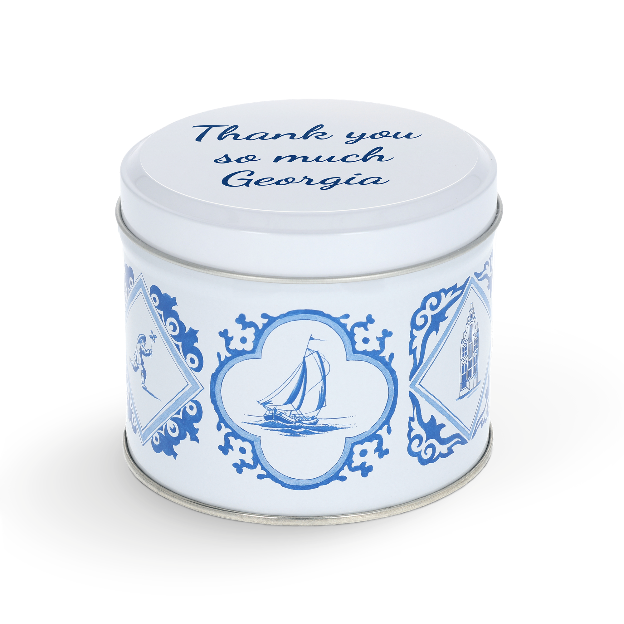 Puszka na stroopwafle z nadrukowaną pokrywką - Delft Blue - 230 gramów - Daelmans, z napisem 