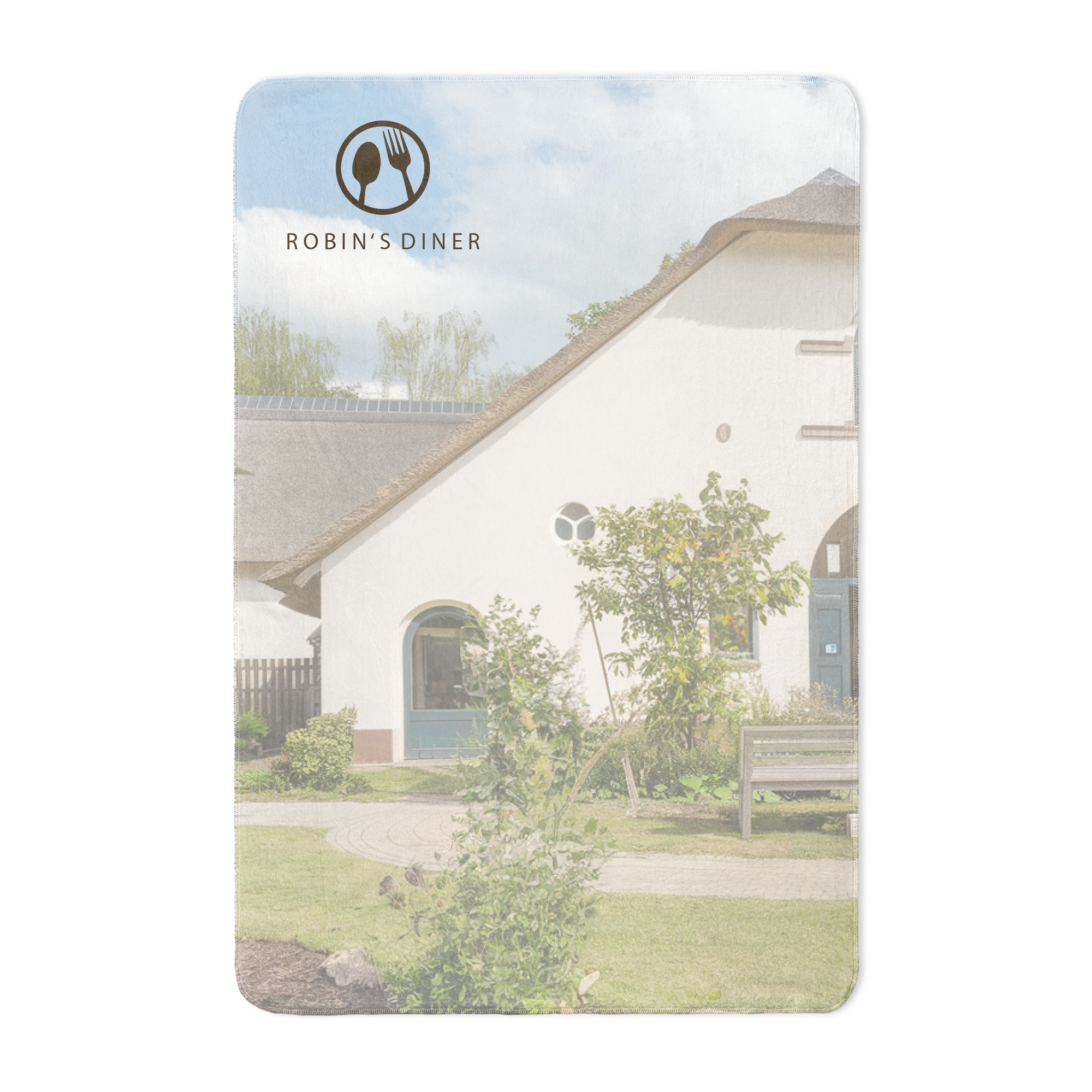 Manta de lã personalizada com foto impressa de uma casa com telhado de colmo e o logótipo Robin's Diner.