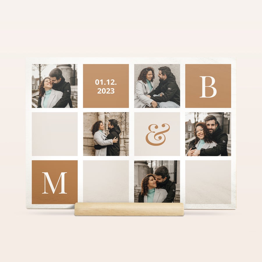 Vlastní dřevěná karta Valentines Dřevěná karta s osobními fotografiemi, datem 01.12.2023, iniciálami M a B a symbolem & pro Valentýna