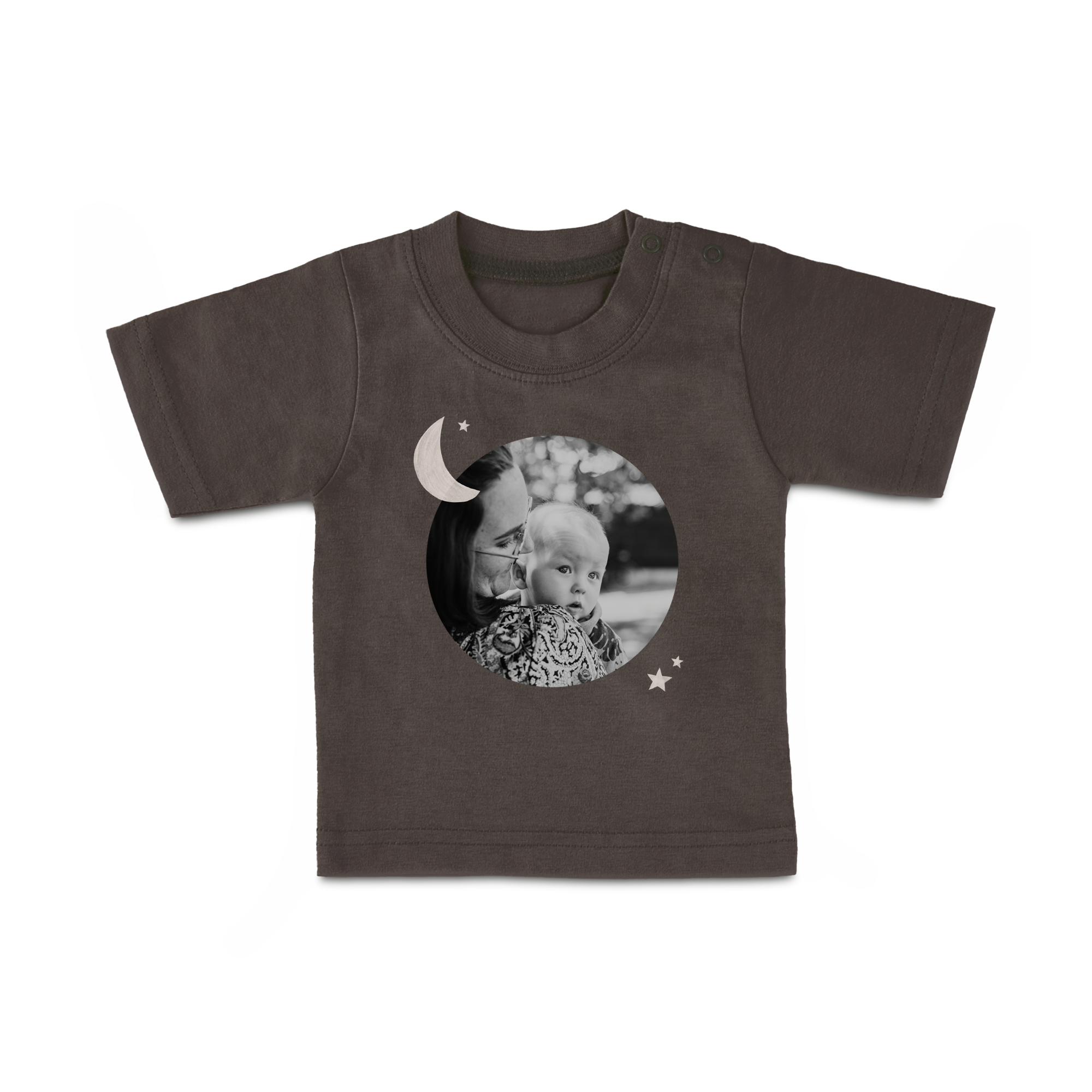 Dark gray baby shirt printed with a personalized photo of a woman holding a baby, moon, and stars