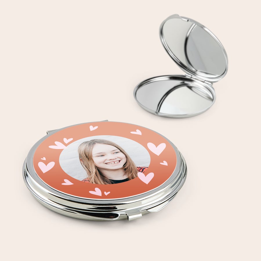 Specchio per il trucco Specchio per il trucco unico con foto di una ragazza sorridente e cuori, personalizzabile con la tua foto stampata