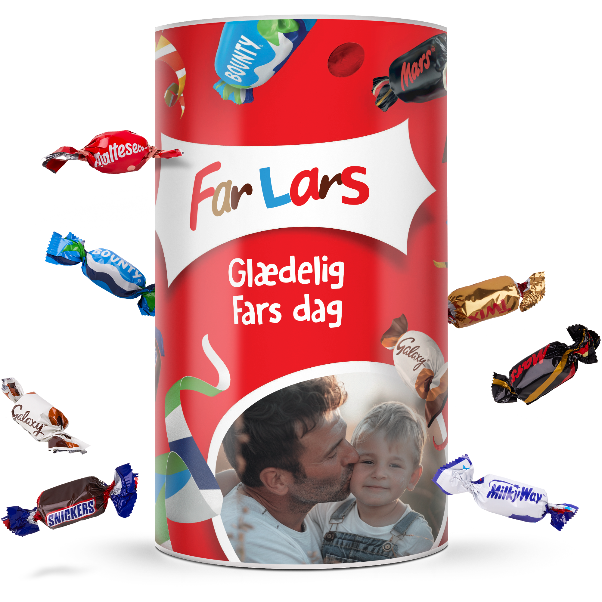 Personlig Celebrations-bøtte i rød design, med påtrykt foto af far og barn, samt teksten Far Lars og Glædelig Fars dag.