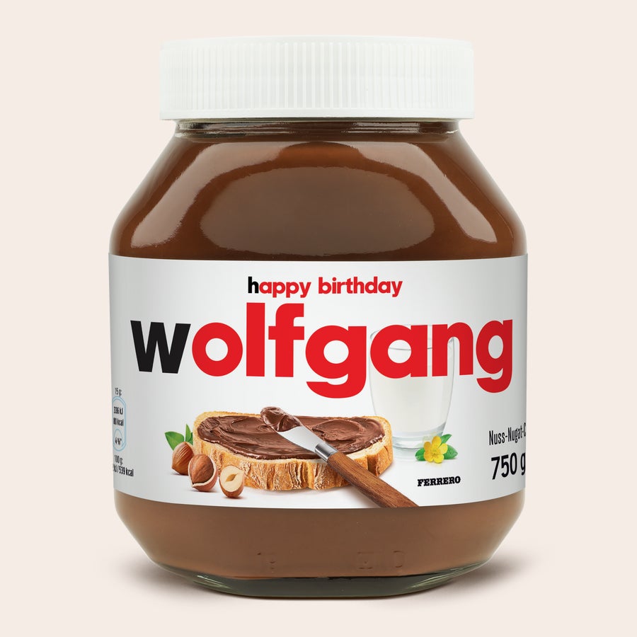 Personalisiertes nutella®-Glas nutella Glas, personalisiert mit "happy birthday wolfgang" und gedrucktem Namen als Geschenk.