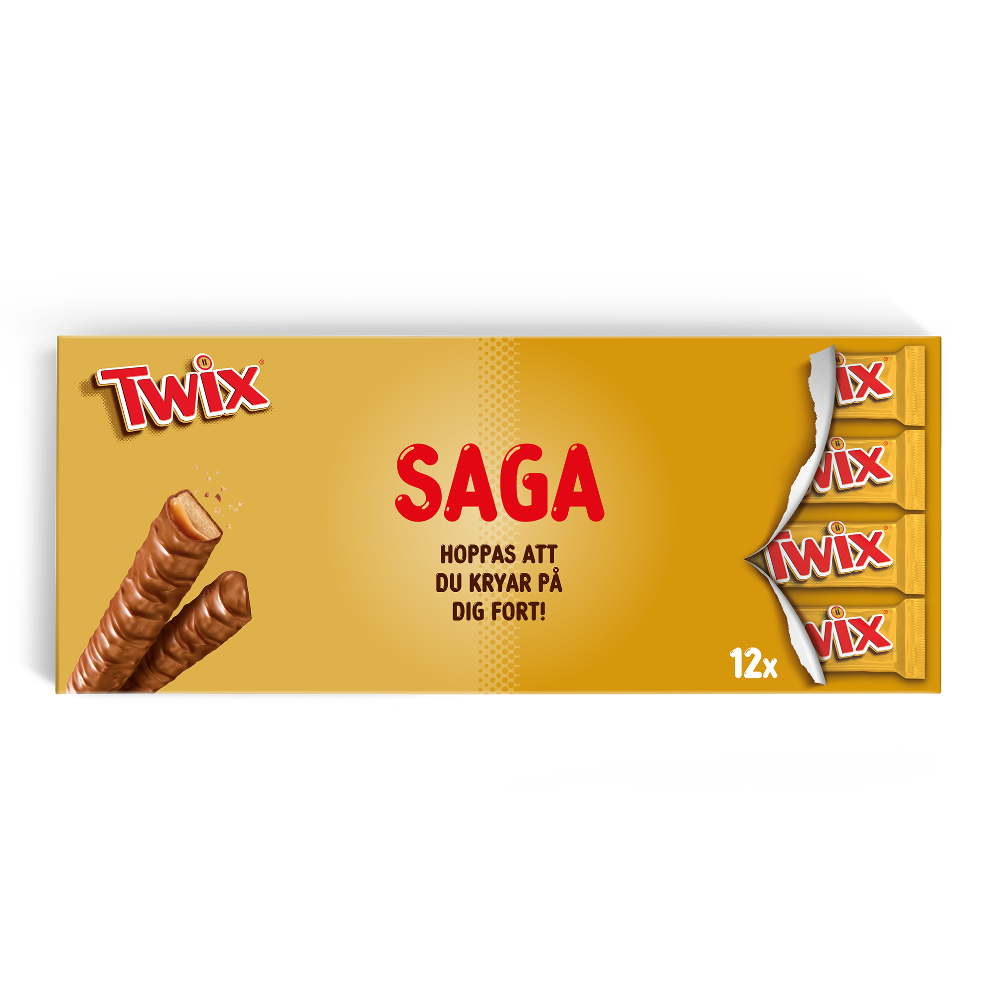 Personlig XXL Twix chokladkaka med namnet SAGA och texten HOPPAS ATT DU KRYAR PÅ DIG FORT! tryckt på förpackningen.