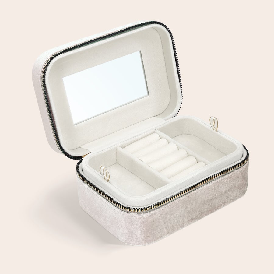 Personalised jewellery box Open personalised jewellery box - rectangular - beige with mirror and velvet interior, ready for custom engraving.
