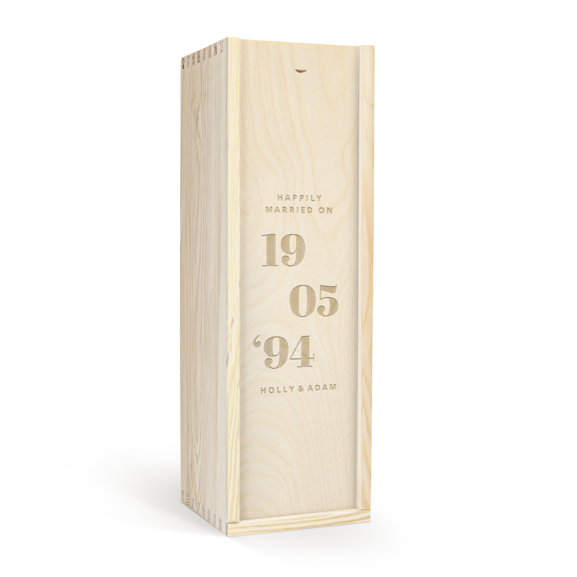 Personalized wooden wine case, engraved with an anniversary date 19 05 94 and names Holly and Adam