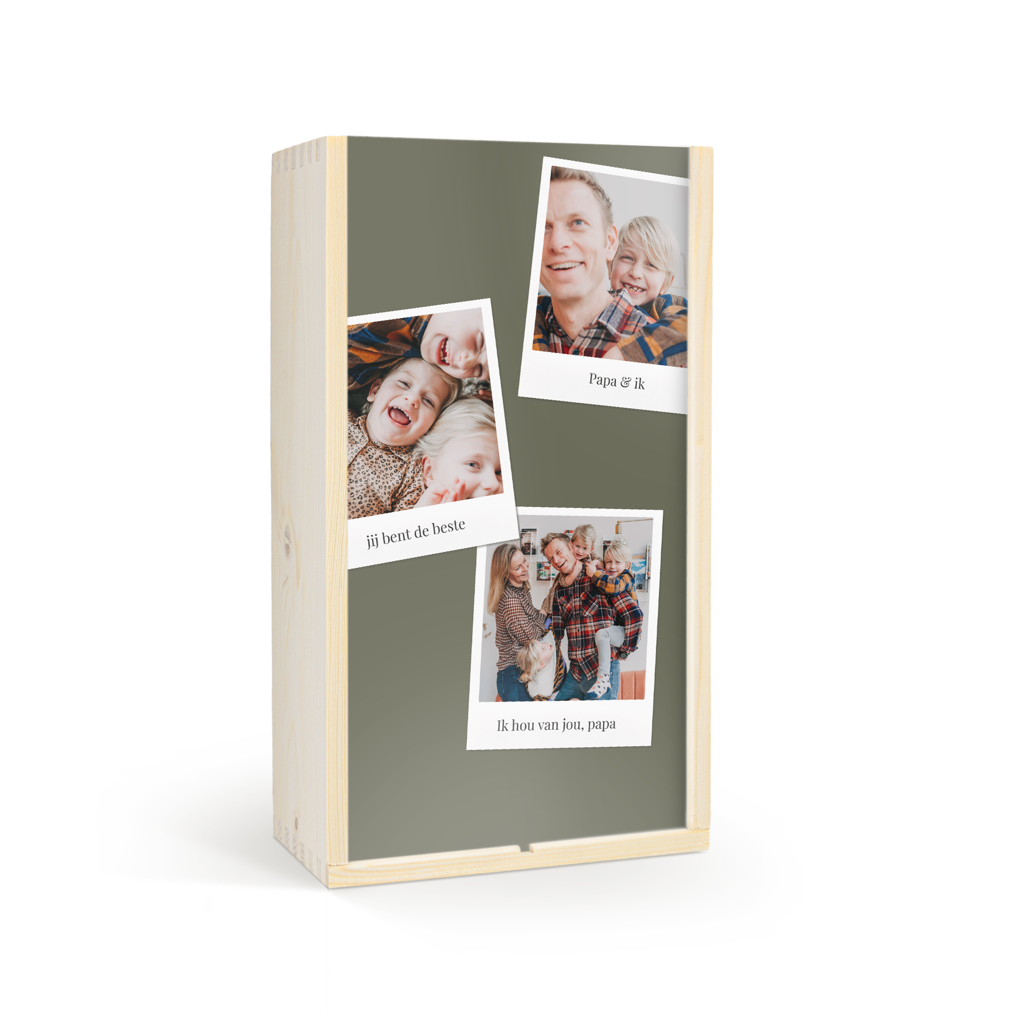 Luxe houten kist met persoonlijke bedrukking van drie foto's en tekst 'Jij bent de beste', 'Papa & ik' en 'Ik hou van jou, papa'