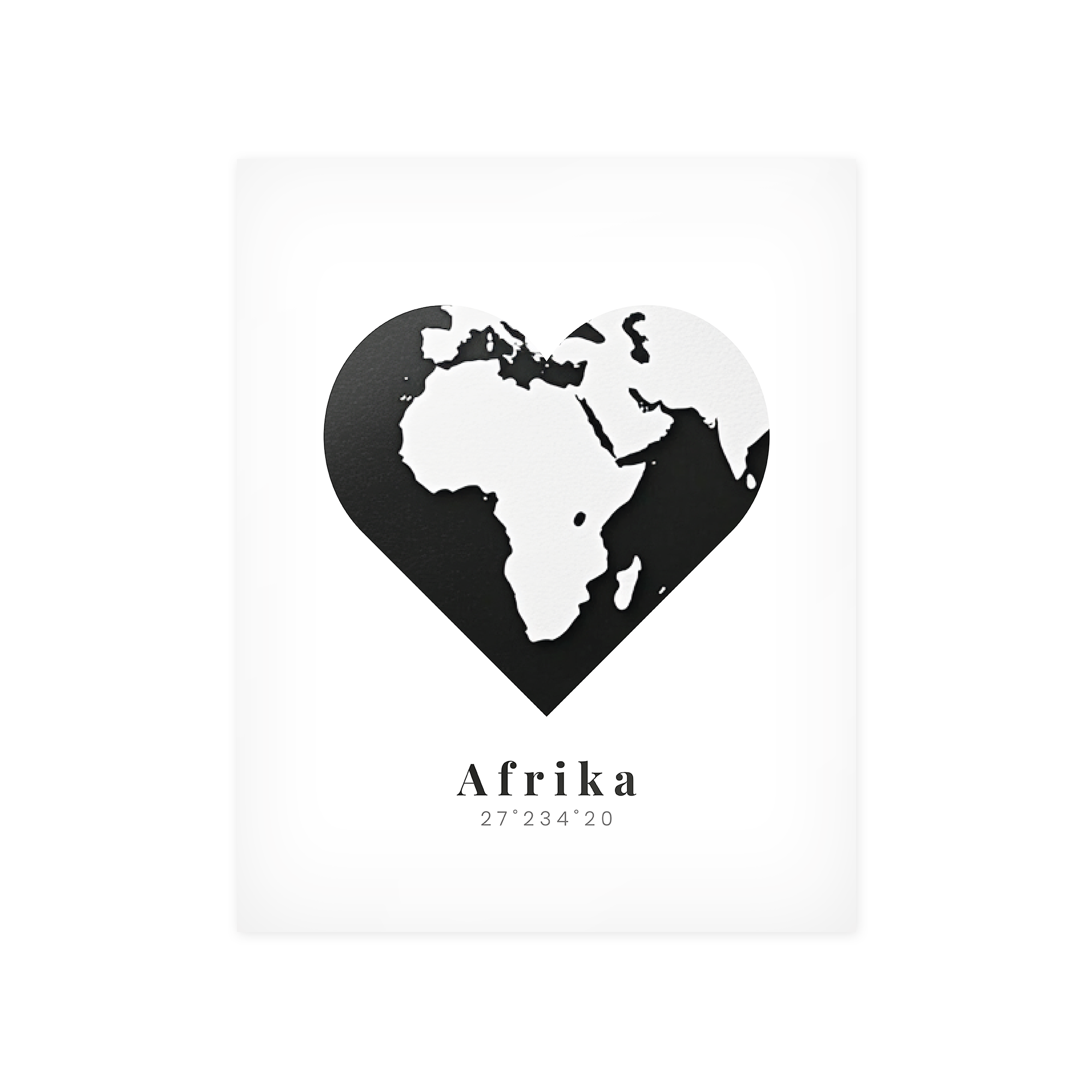 Plakat z białą mapą Afryki w czarnym sercu z napisem "Afrika" i współrzędnymi, drukowany na zamówienie