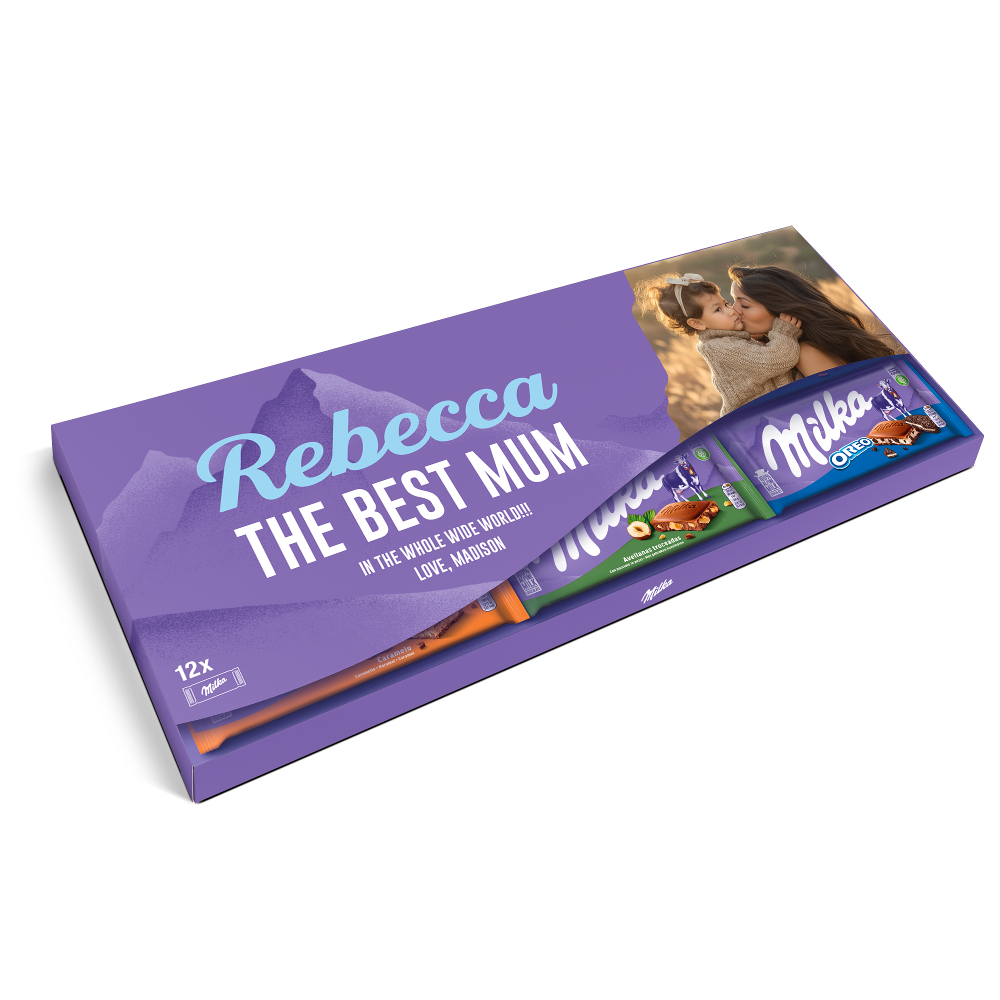 Baton de ciocolată XXL Milka personalizat cu o fotografie și textul "Rebecca The Best Mum", imprimat pe ambalaj.