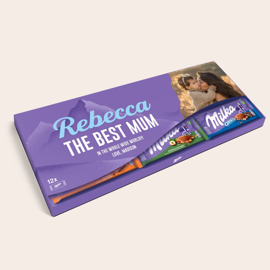 Personalizovaná Mega Milka XXL Milka čokoládová tyčinka s potiskem Rebecca THE BEST MUM a personalizovanou fotkou maminky s dítětem.