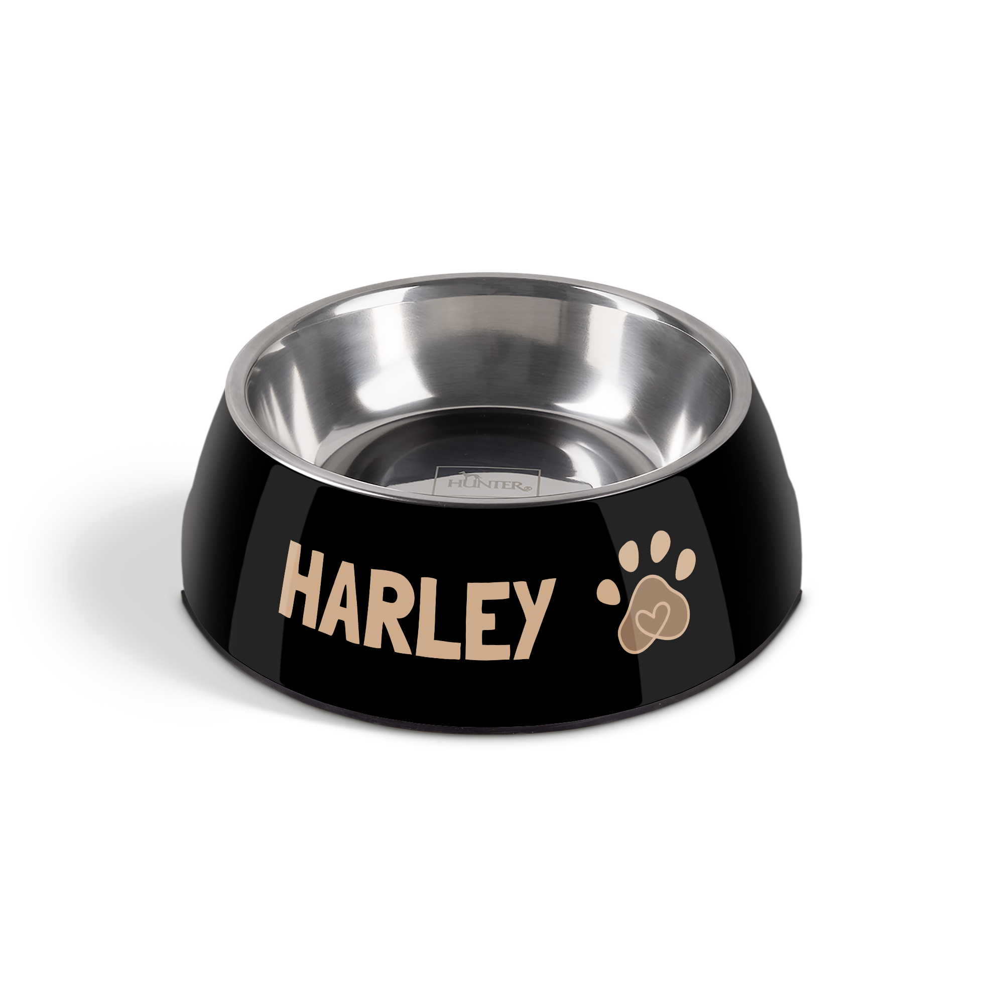 Sort personlig madskål til hund med navnet Harley og et hundepote-print, indgraveret i guld.