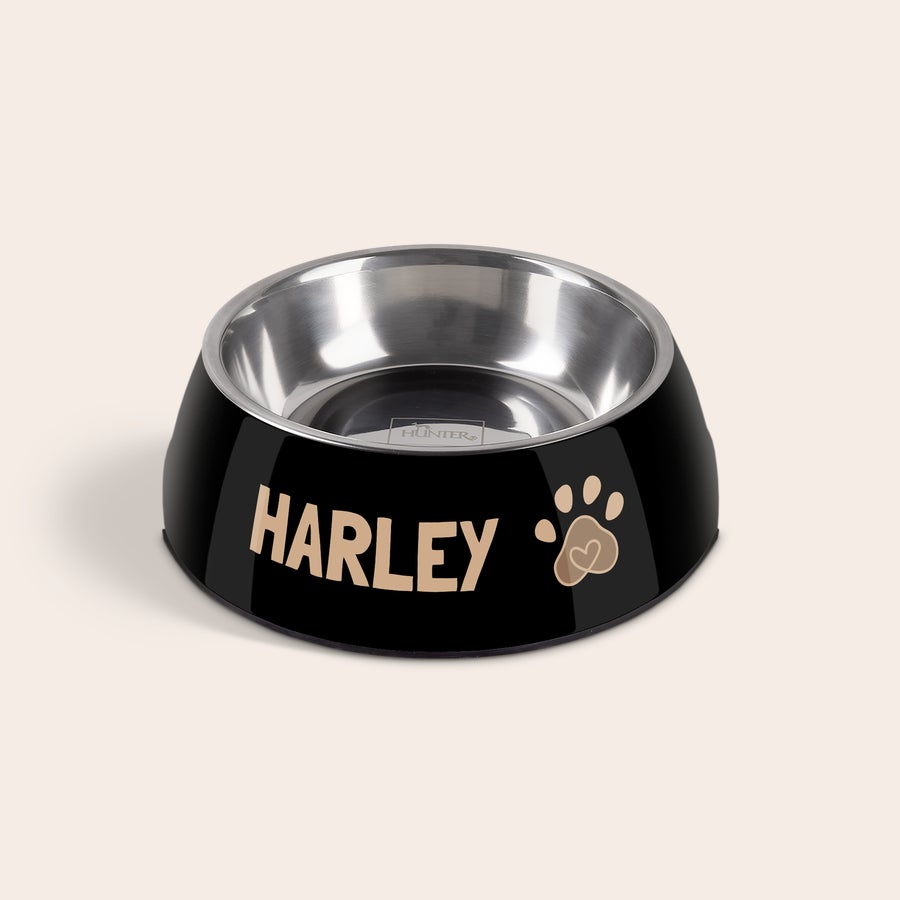 Hundenapf personalisiert Schwarzer Hundenapf mit Namen Harley und Pfotenabdruck, personalisiert mit Text bedruckt