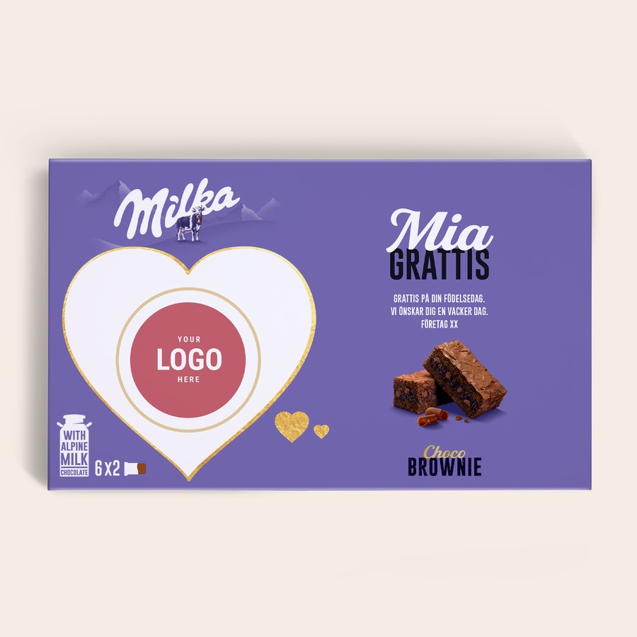 Milka Brownies Personlig Milka Choco Brownie presentask med namnet Mia, ett hjärtformat foto och grattishälsning.