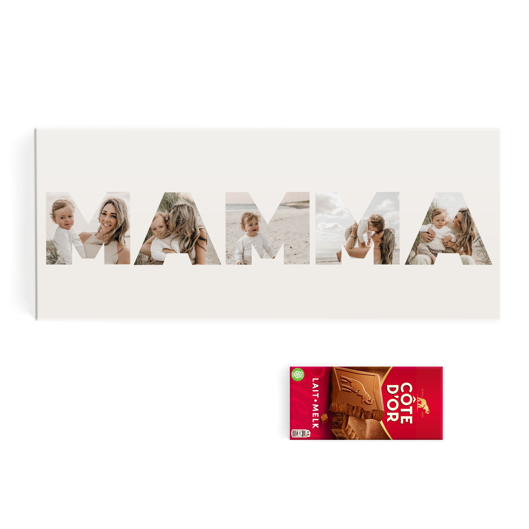 Personlig XXL Côte d'Or chokladkaka - YSP design med egen design av foton som formar ordet MAMMA.