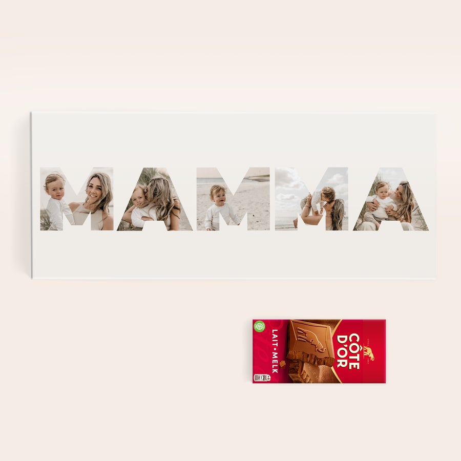 Mega CĂŽte d'Or med tryckt namn Personlig XXL CĂŽte d'Or chokladkaka - YSP design med egen design av foton som formar ordet MAMMA.