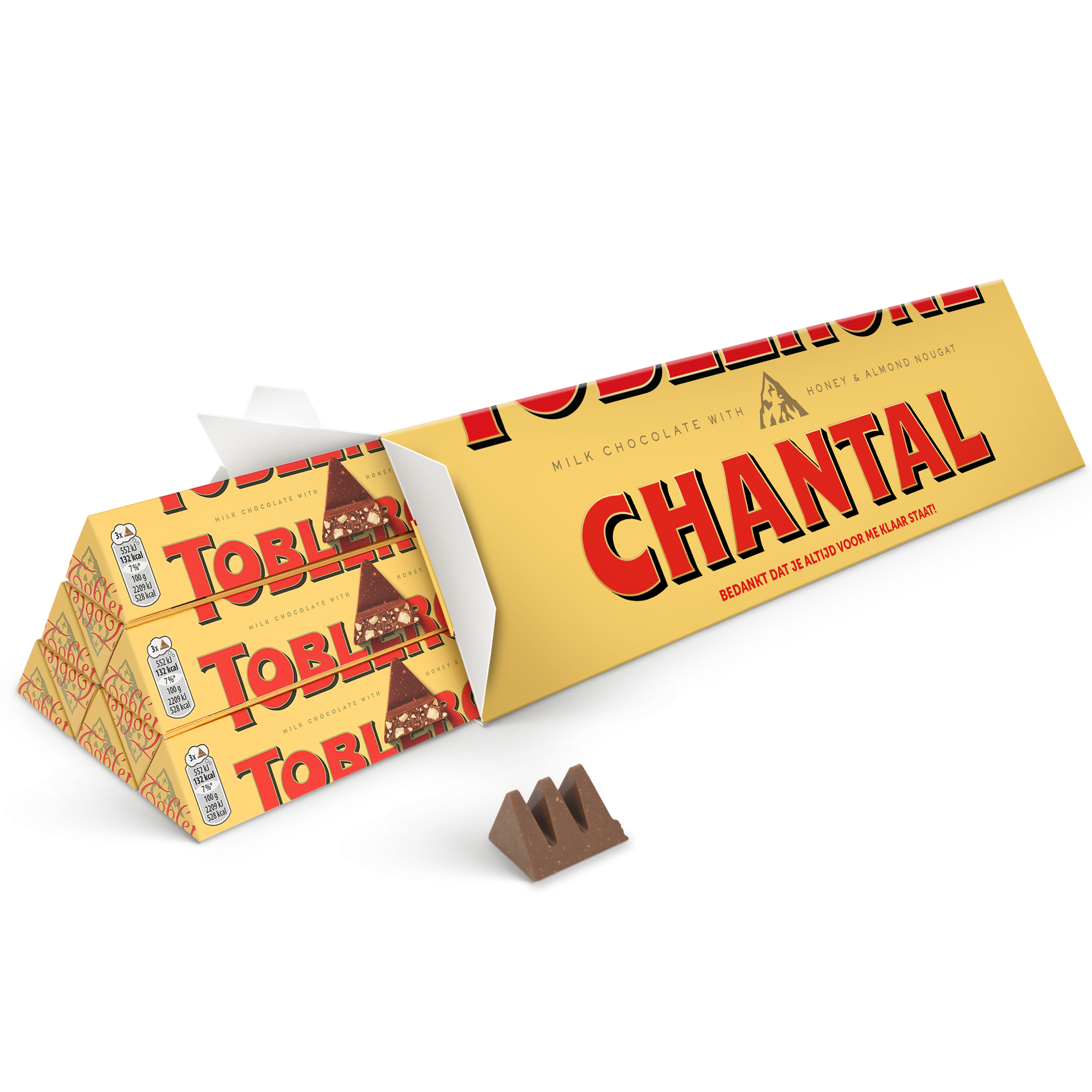 Gepersonaliseerde Toblerone reep met naam - 1800 gram. De gele verpakking is bedrukt met de naam Chantal en de boodschap 'Bedankt dat je altijd voor me klaar staat!'.