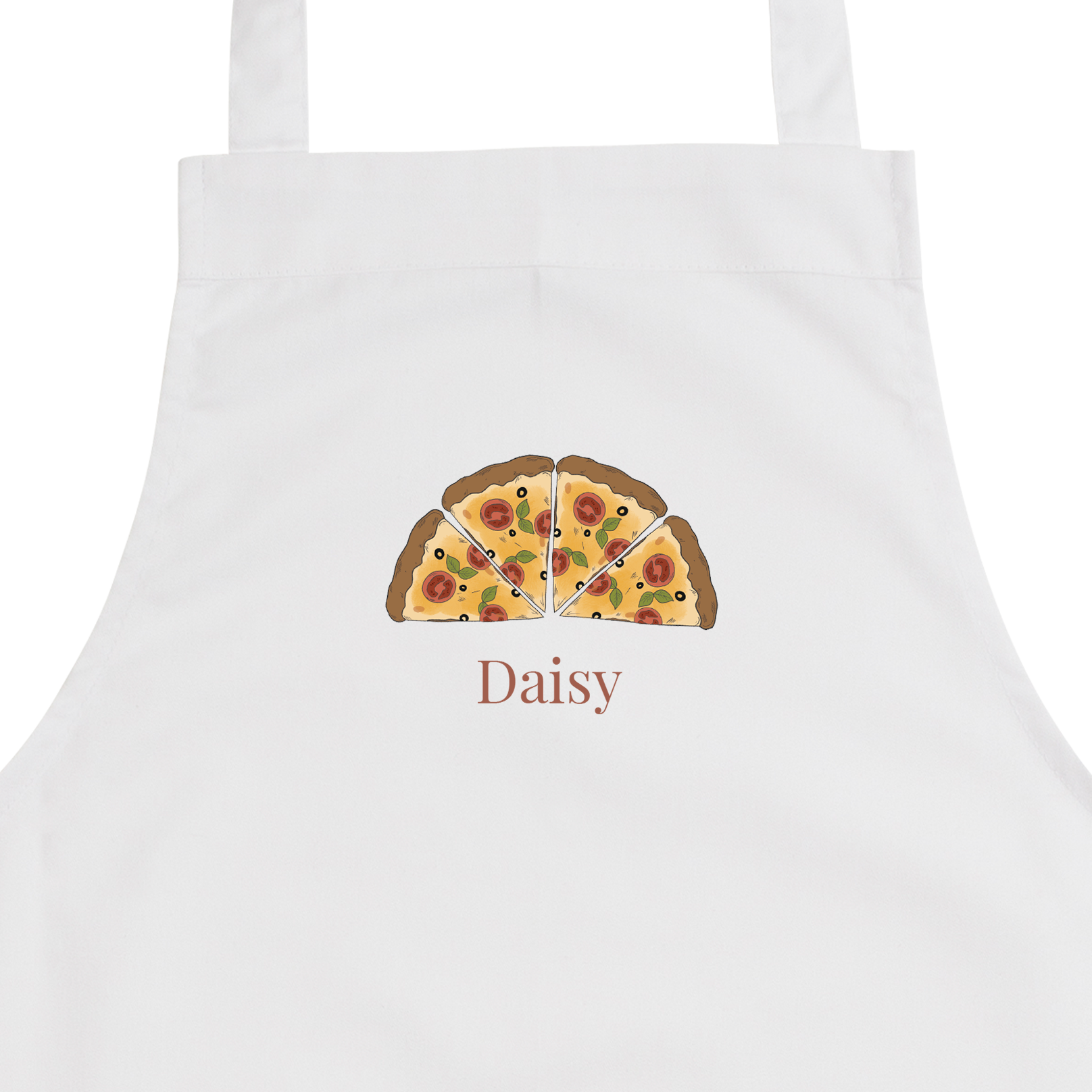 Személyre szabott gyermekkötény fehér színben, Daisy névvel és pizza mintával nyomtatva