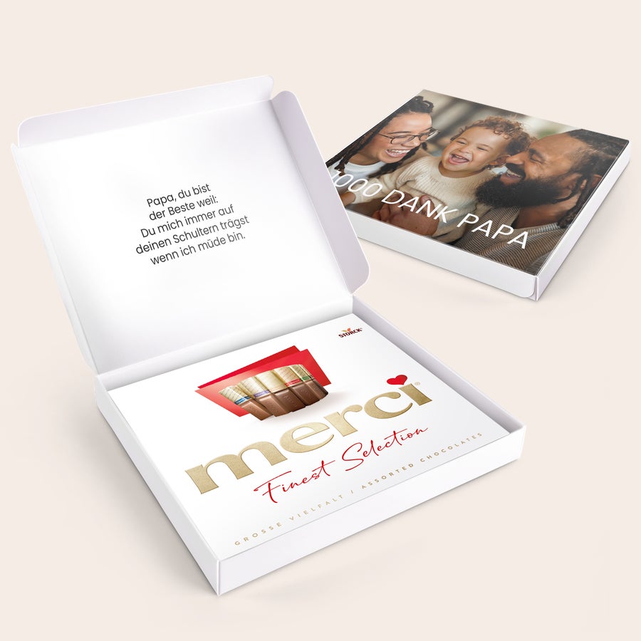 Merci Schokolade Personalisieren- 250 Gramm Personalisierte Merci Schokolade 250 Gramm mit Foto und Botschaft bedruckt.