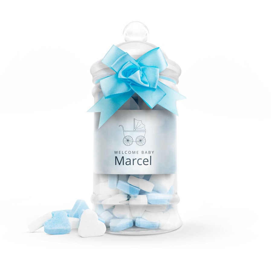 Zuckerherzen in großer Babyflasche (blau)