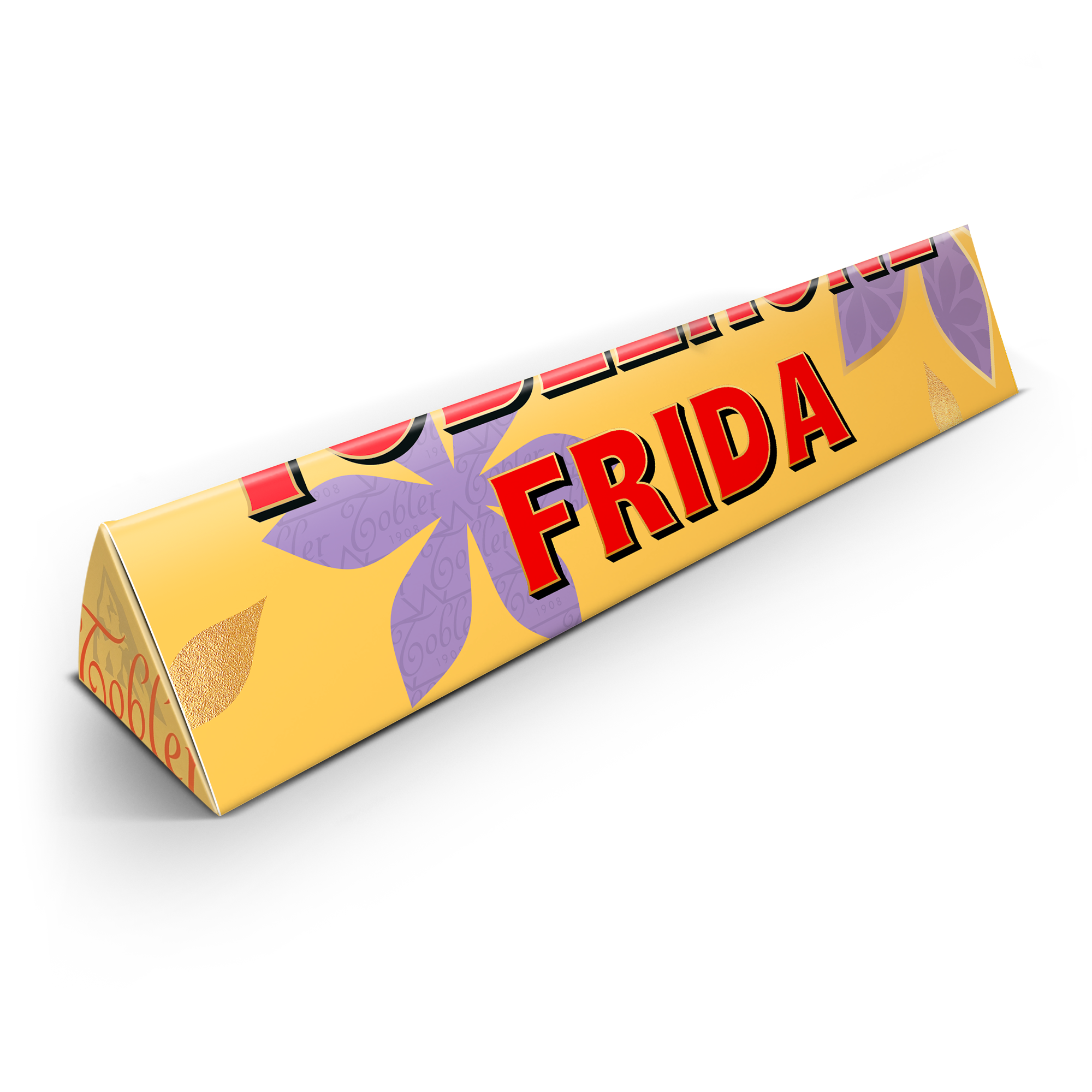 Personlig Toblerone-sjokoladebar i gul og lilla med navnet Frida trykt på emballasjen, en flott overraskelse til moren din.