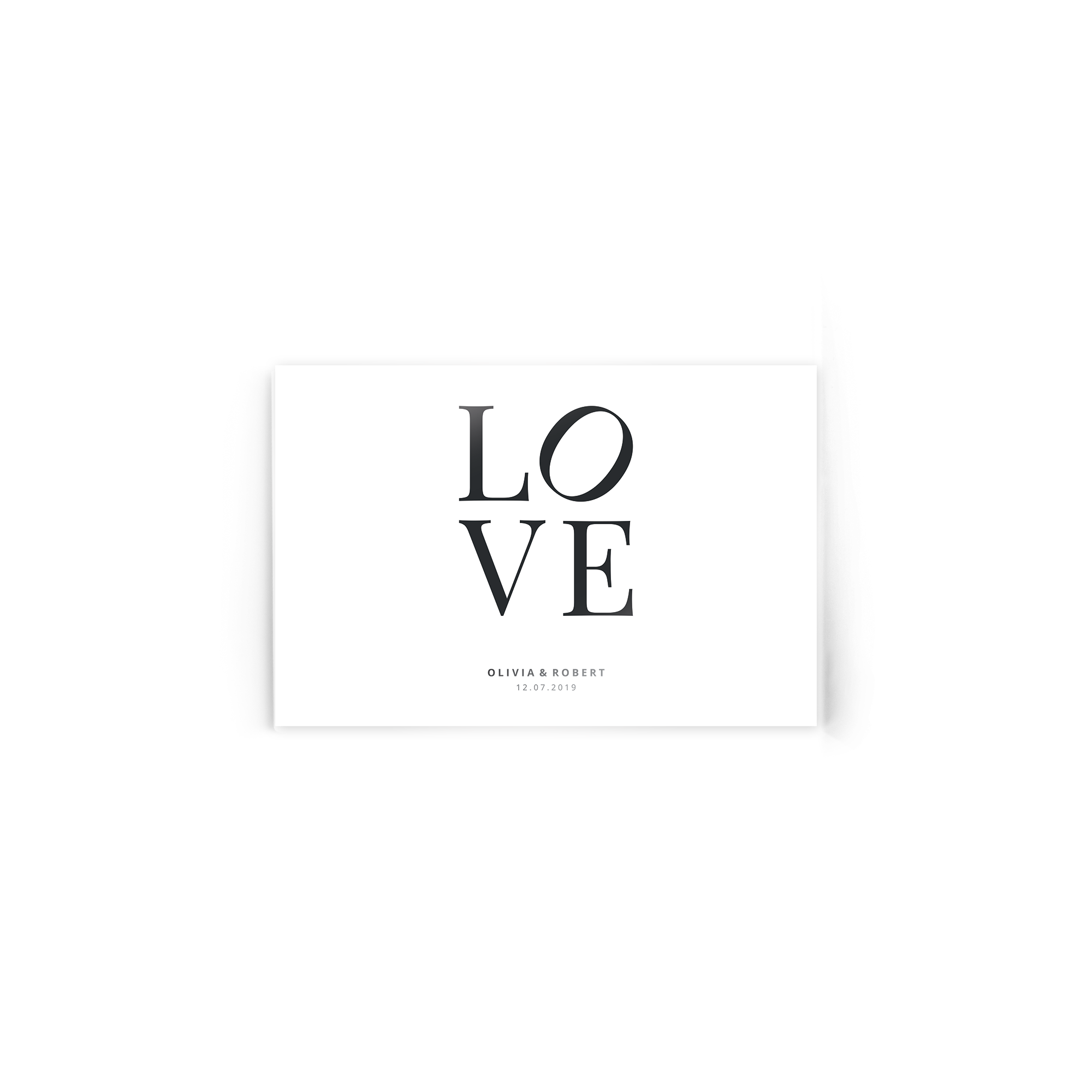 Akrilna fotografija z napisom LOVE in datumom 12.07.2019, personalizirana z imeni Olivia & Robert