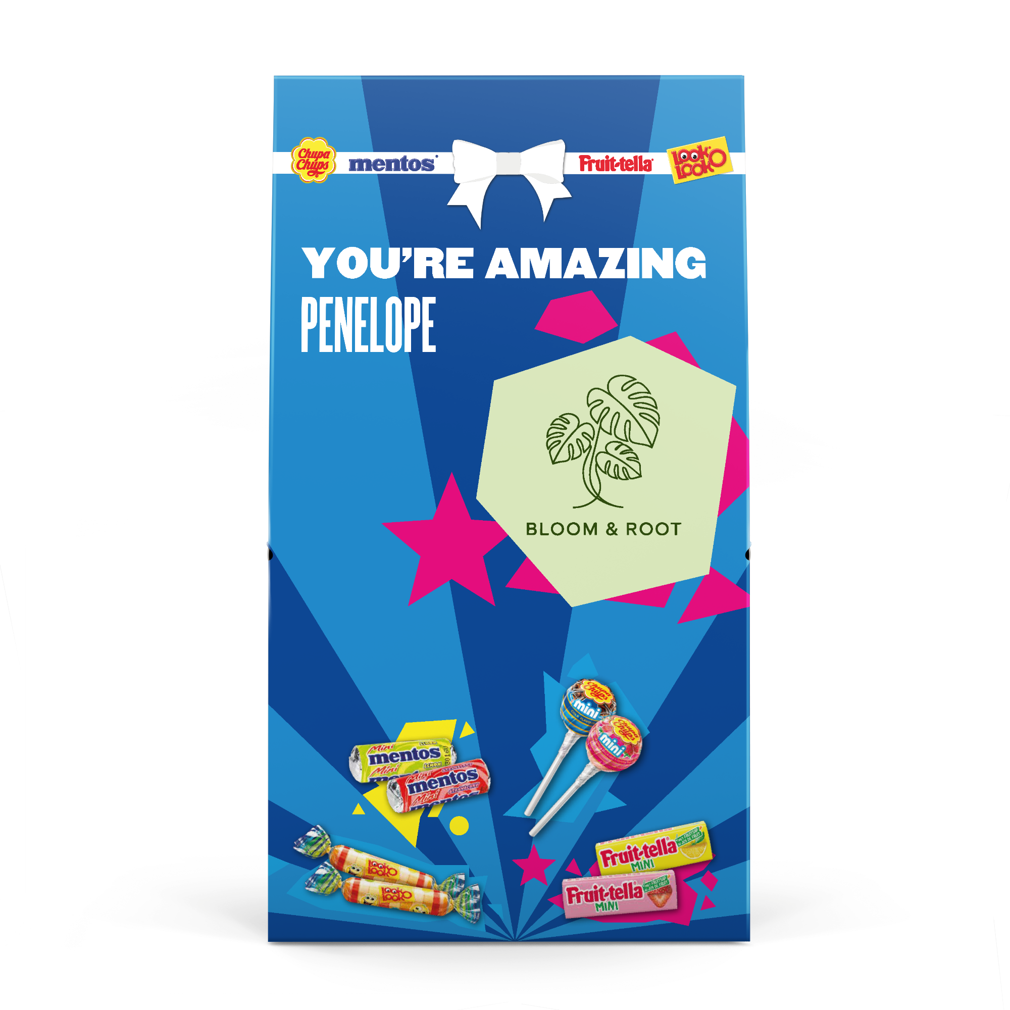 A personalised Fruit-tella candy mix with "YOU'RE AMAZING PENELOPE BLOOM & ROOT" printed on blue packaging.
