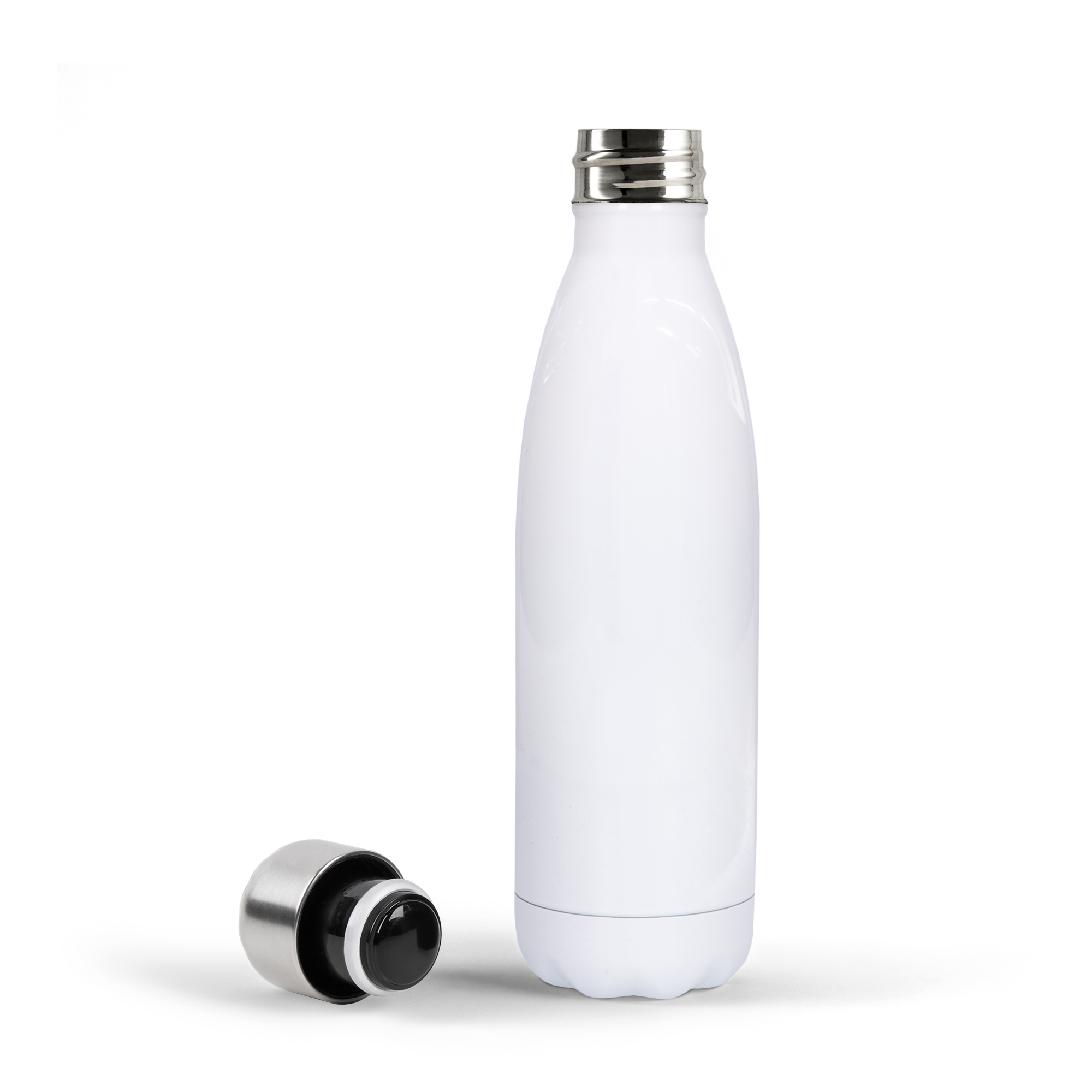 Botella de agua personalizada, blanca con tapa plateada de aluminio, ideal como regalo con foto y texto.