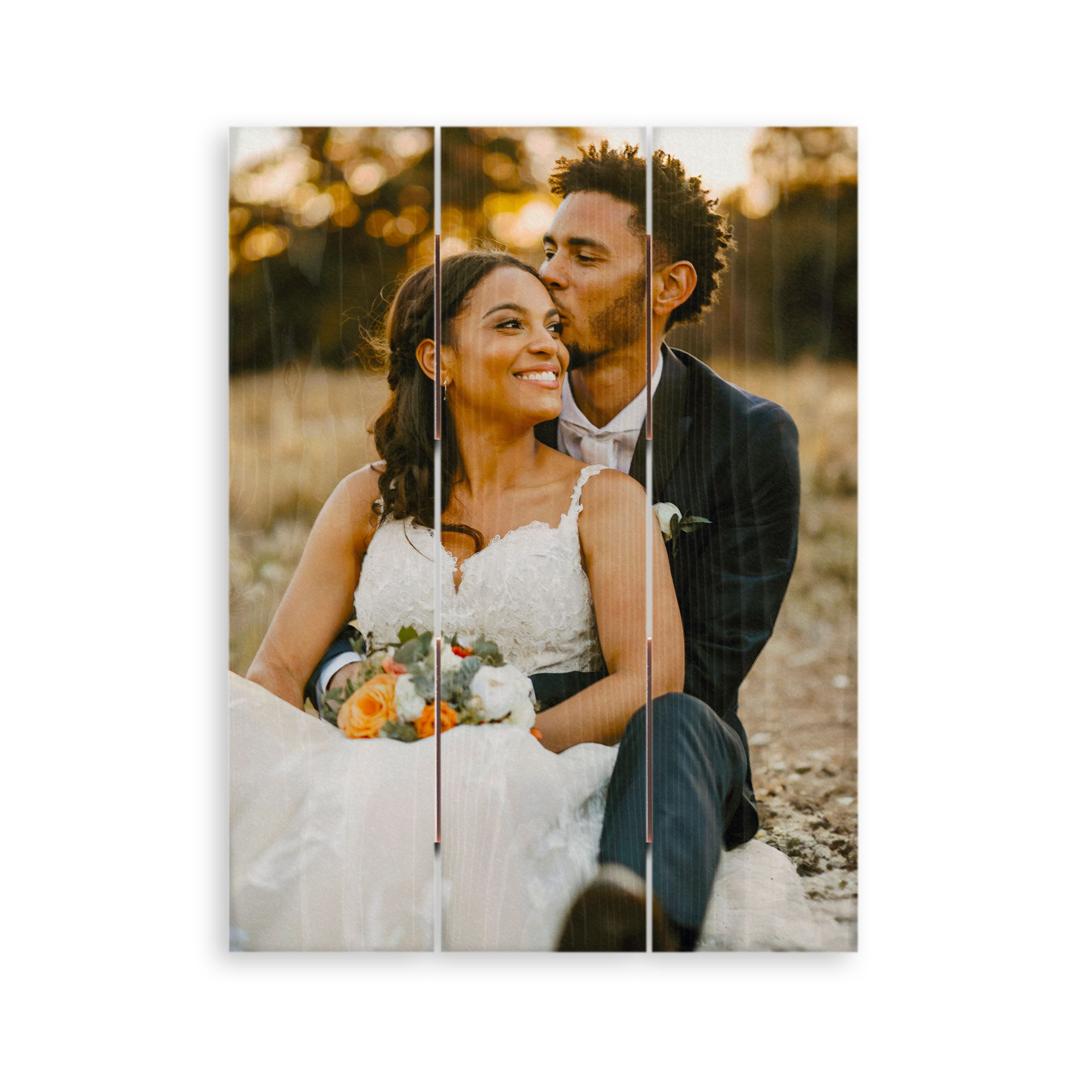 Personalized photo print on wooden planks of a couple hugging with a whitewash finish