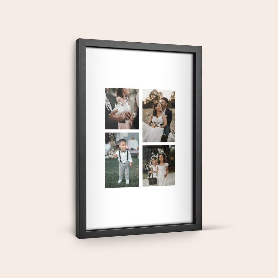 Fotodruck mit Rahmen Vier individuelle Fotos mit Rahmen in einer Collage gedruckt, mit Hochzeitsmotiven und Kindern