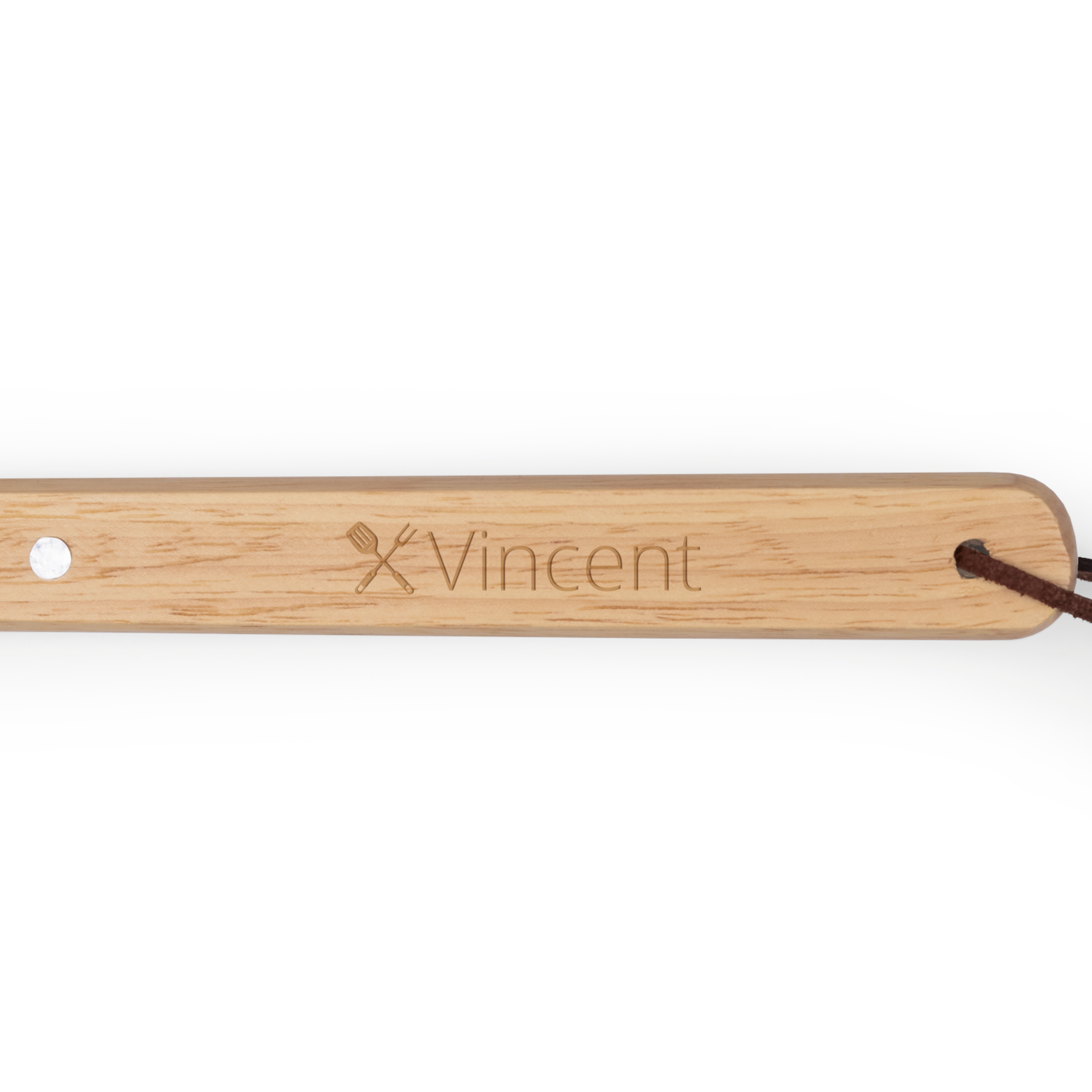 Spatulă personalizată din lemn pentru grătar, gravată cu un logo cu furculiță și spatulă încrucișate și numele "Vincent"